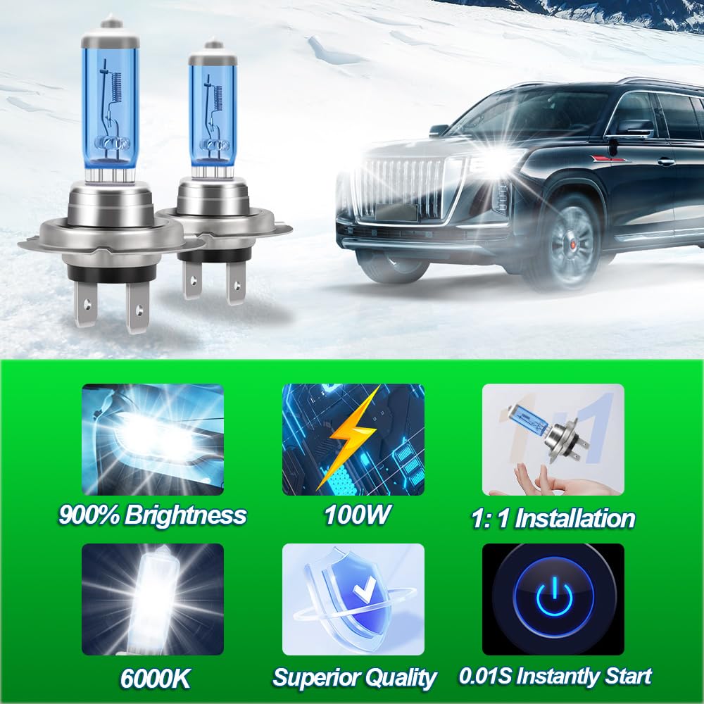 Bombillas Halógenas para Faros Delanteros, 100W Lámpara de coche, H7 Luz De Carretera, H7 Luz De Cruce, For Peugeot 3008 2008-2016, Kit bombillas halógenas fácil instalación