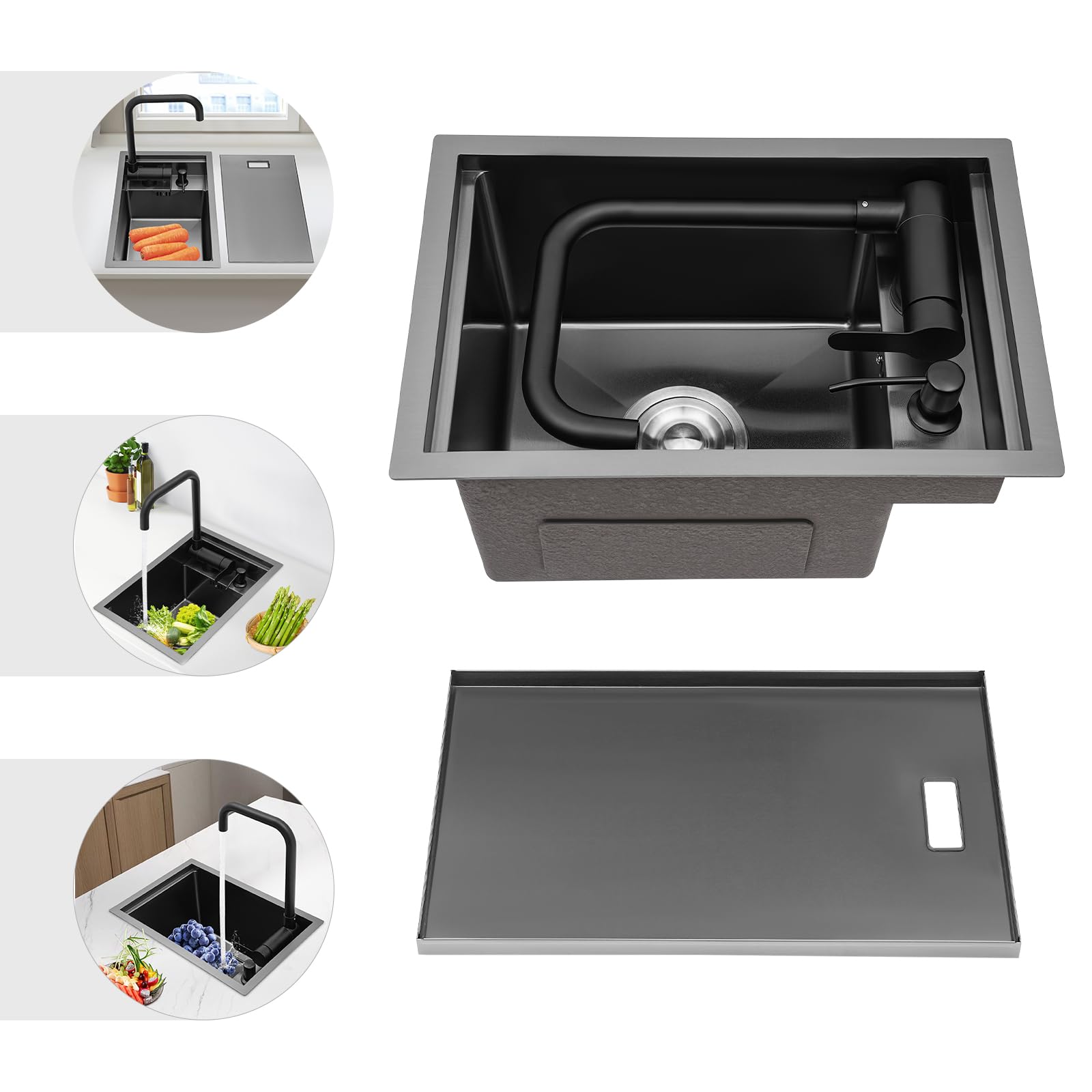 Lavello da cucina in acciaio inox, colore grigio, con coperchio, pieghevole a 360°, rubinetto singolo 45 x 30 x 23 cm, adatto per cucine domestiche e grandi e roulotte