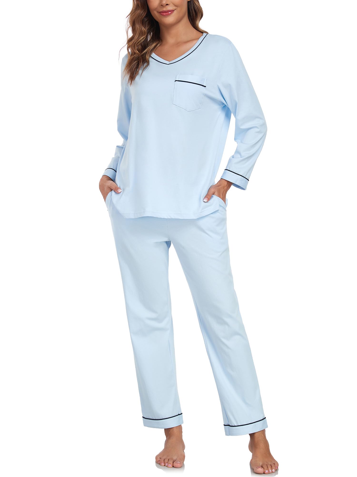 Damen Baumwolle Schlafanzug Langarm Pyjama Set mit Hose
