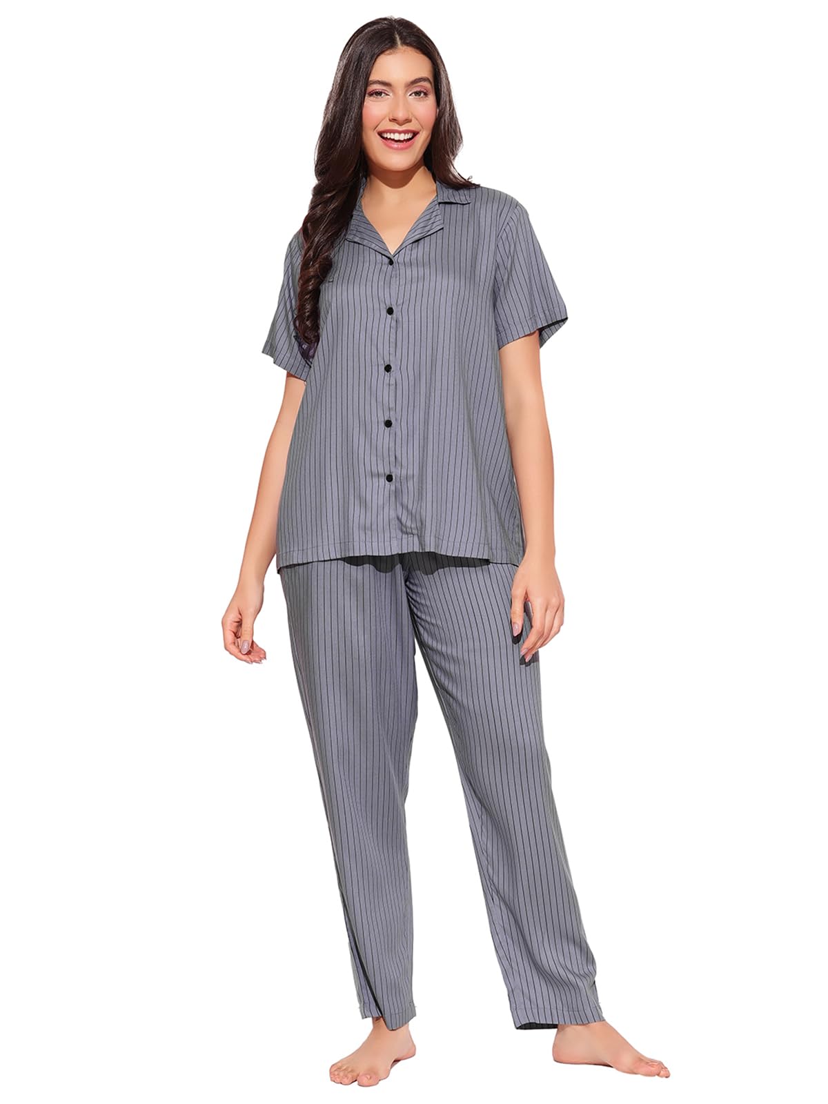 clovia Women's Rayon Printed Button-Down Shirt & Pyjama Set-picture-40