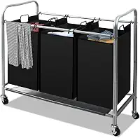 3 Sacos de Cesto de Roupa Suja, Cesto de Roupa Suja com Divisoria, 3 Bag Laundry Hamper Carrinho com Rodas Bloqueáveis de Rolamento Resistente E Sacos Removíveis