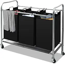 3 Sacos de Cesto de Roupa Suja, Cesto de Roupa Suja com Divisoria, 3 Bag Laundry Hamper Carrinho com Rodas Bloqueáveis de Rolamento Resistente E Sacos Removíveis