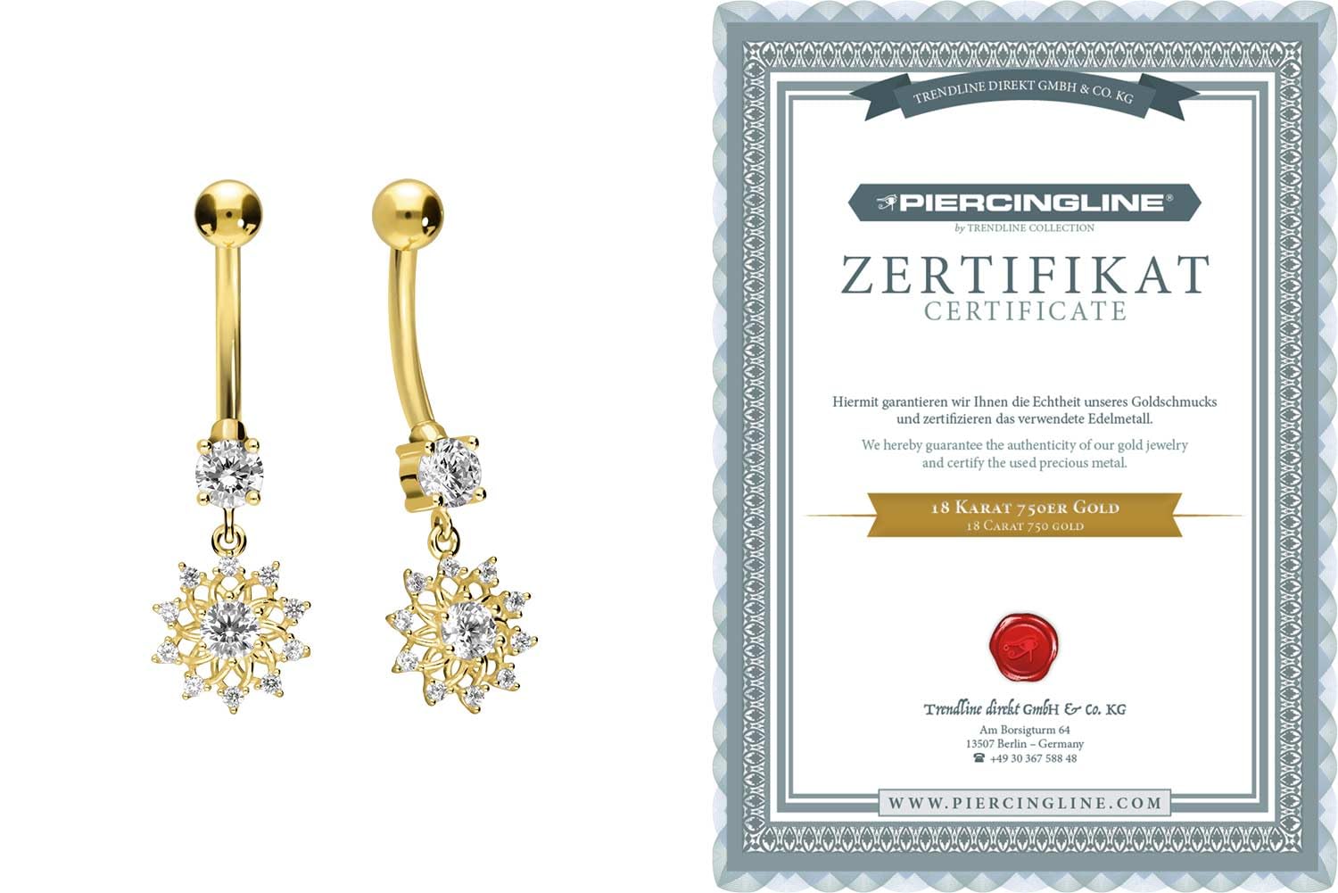 PIERCINGLINE 18 Karat Gold Bauchnabelpiercing mit KRISTALLBLUME Bananabell Piercing Gelbgold