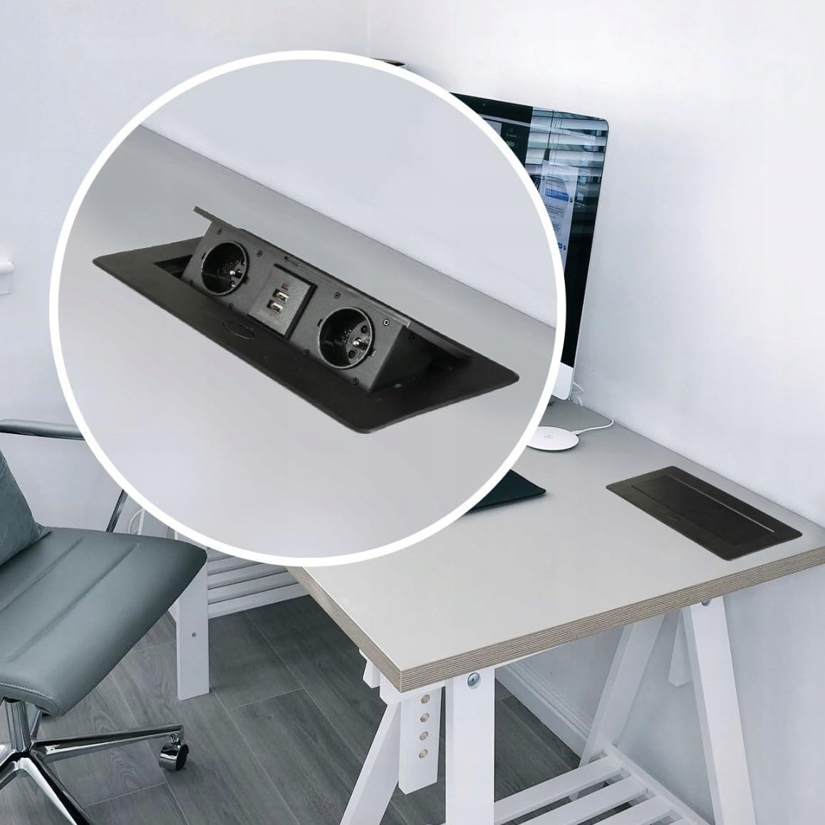 Tischplatte Steckdose mit USB A, Fach Einbausteckdose x2 mit 130cm Kabel, Tischsteckdose Steckdosenleiste Mehrfachsteckdose für Konferenztisch, Arbeitsplatte, Sofatisch (Doppelt + 2xUSB)