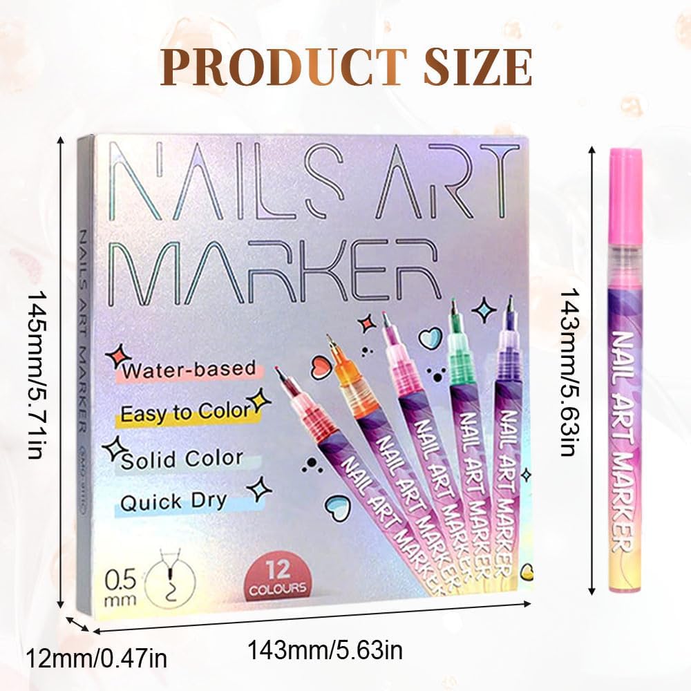 12 Colors Nail Art Pens Set, 2026 New Upgrade Fine Tip 0.5mm Nail Art Markers, Waterproof Quick-Dry Nail Polish Pens for DIY 3D Drawing Dotting Painting, Professional Manicure Tools (3 sets)