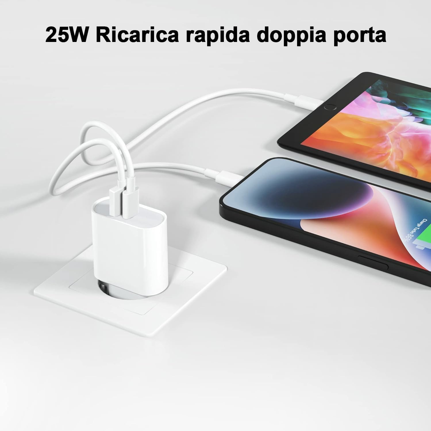 Caricatore USB-C/A, 25W Rapido Caricabatterie per iPhone 15/15 Plus/15 Pro Max/14/14 Plus/13/12/11,iPad,USB-C/A Presa Alimentatore Spina Ricarica Adattatore Muro Carica Spinotto(Cavo Non Incluso)