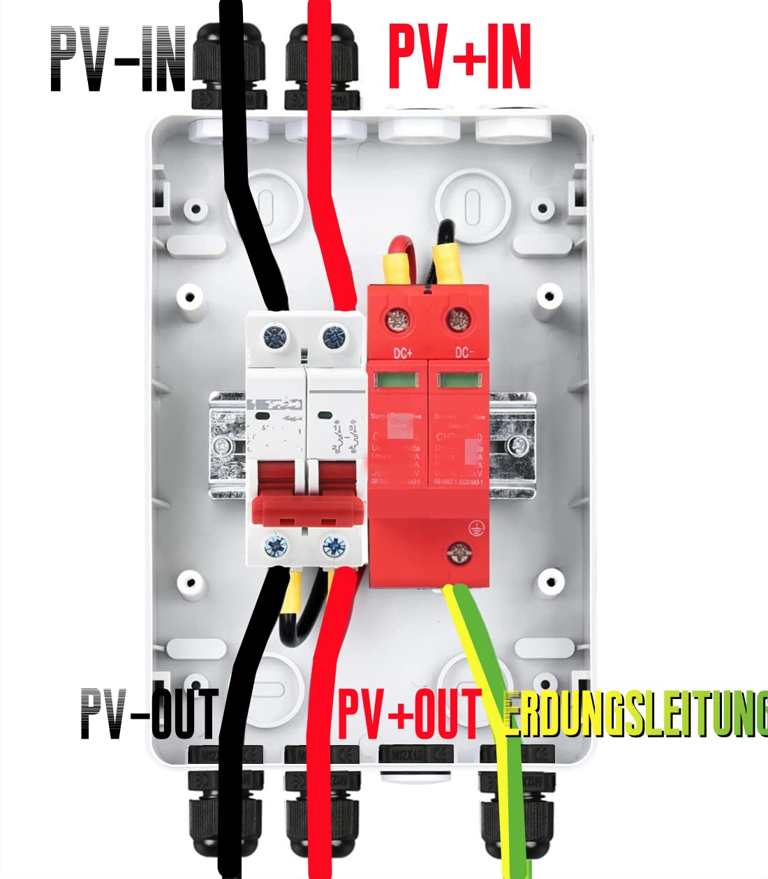Solar-Kombinationsbox, 32A 4P DC PV-Trennschalter mit Solaranschluss, 2