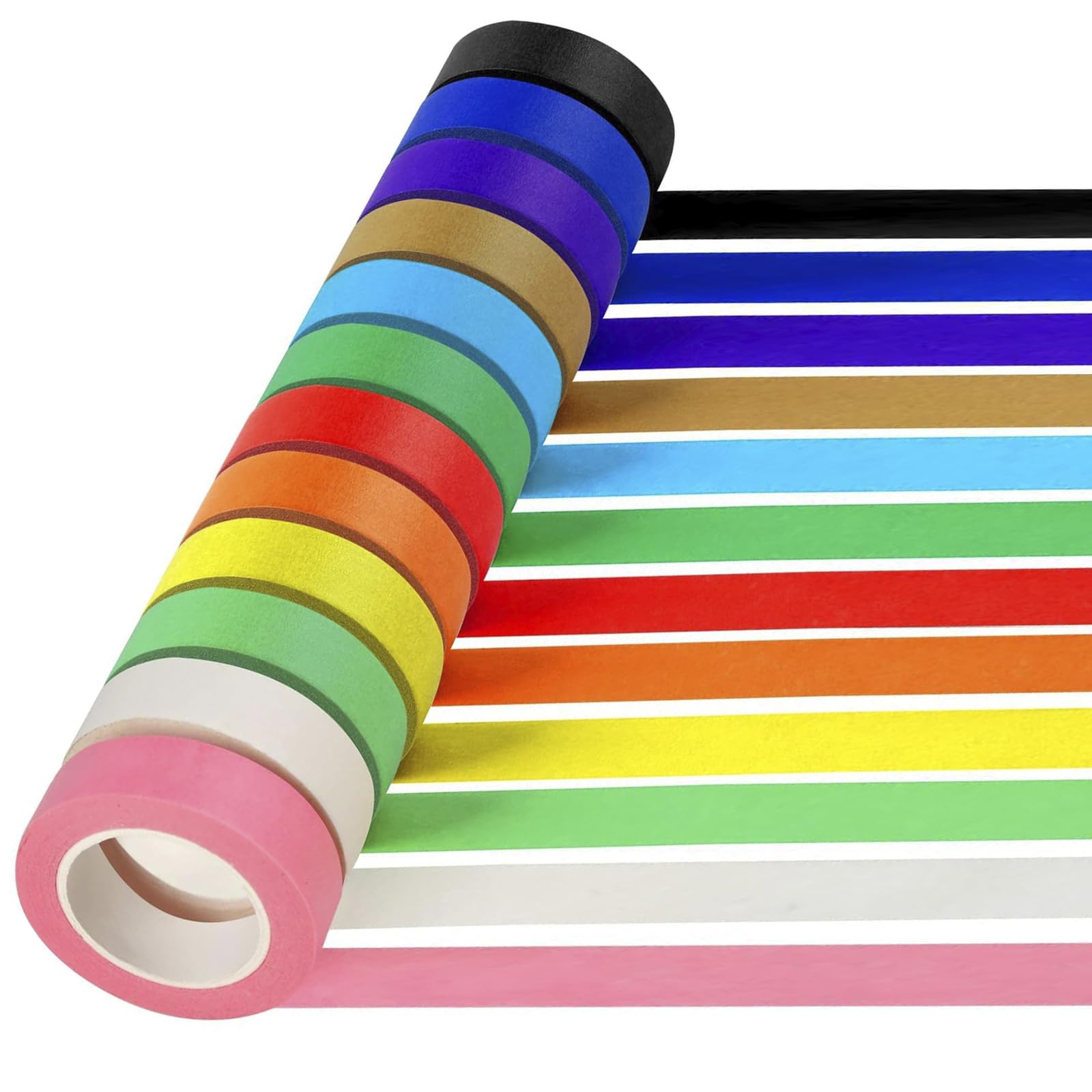 Wihozte Coloured Masking Tape, 12 Pcs 1.5cm × 13m Rainbow Washi Tape Set, Assorted Colourful Adhesive Craft Tape for Scrapbooking DIY Planner Journals & Art Projects