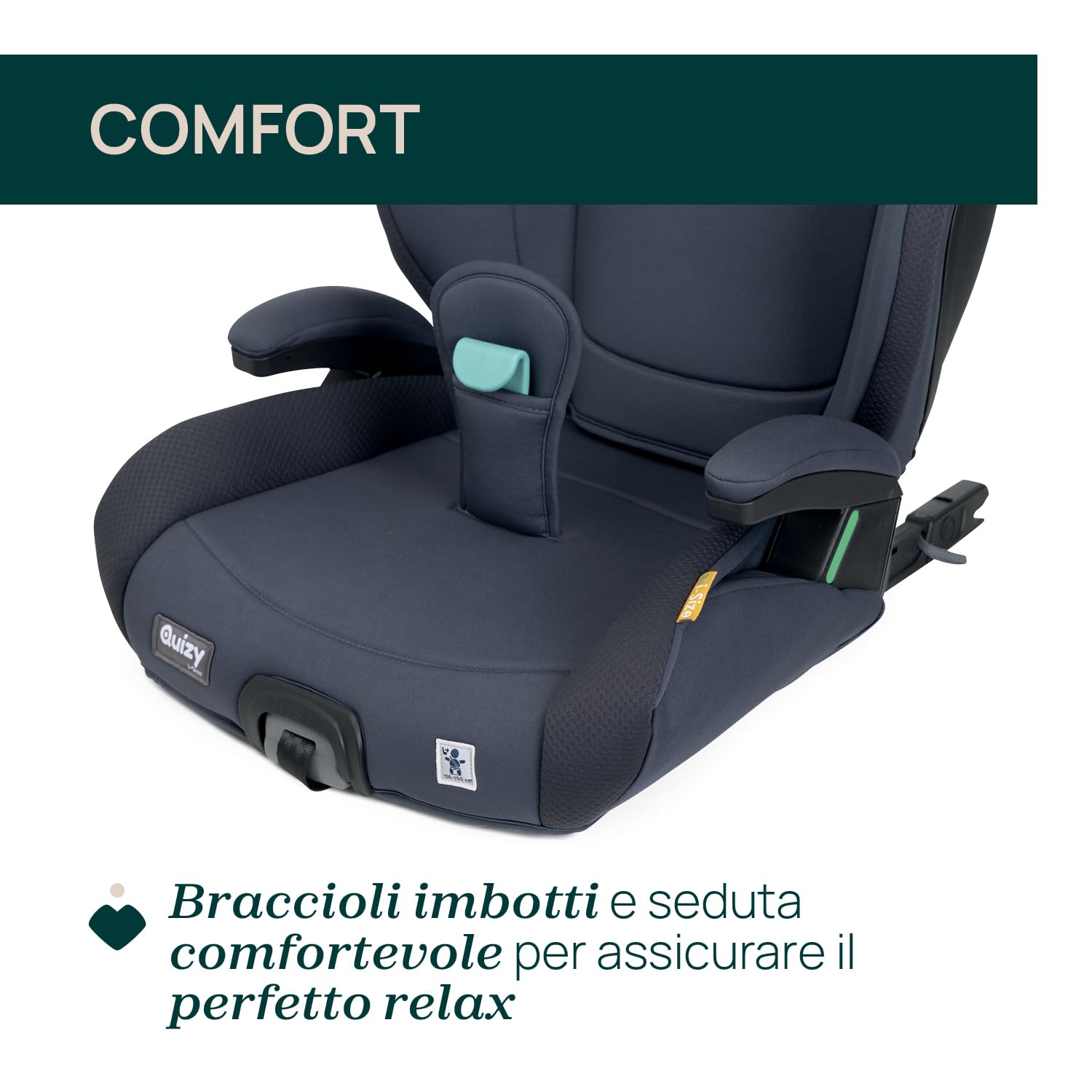 Chicco Quizy i-Size, Seggiolino Auto 3-12 Anni (100-150 cm), Peso 15-36 kg, Con Sistema Isofix, Regolabile in Altezza, con Braccioli Imbottiti e Seduta Confortevole, Gruppo 2/3, Blu