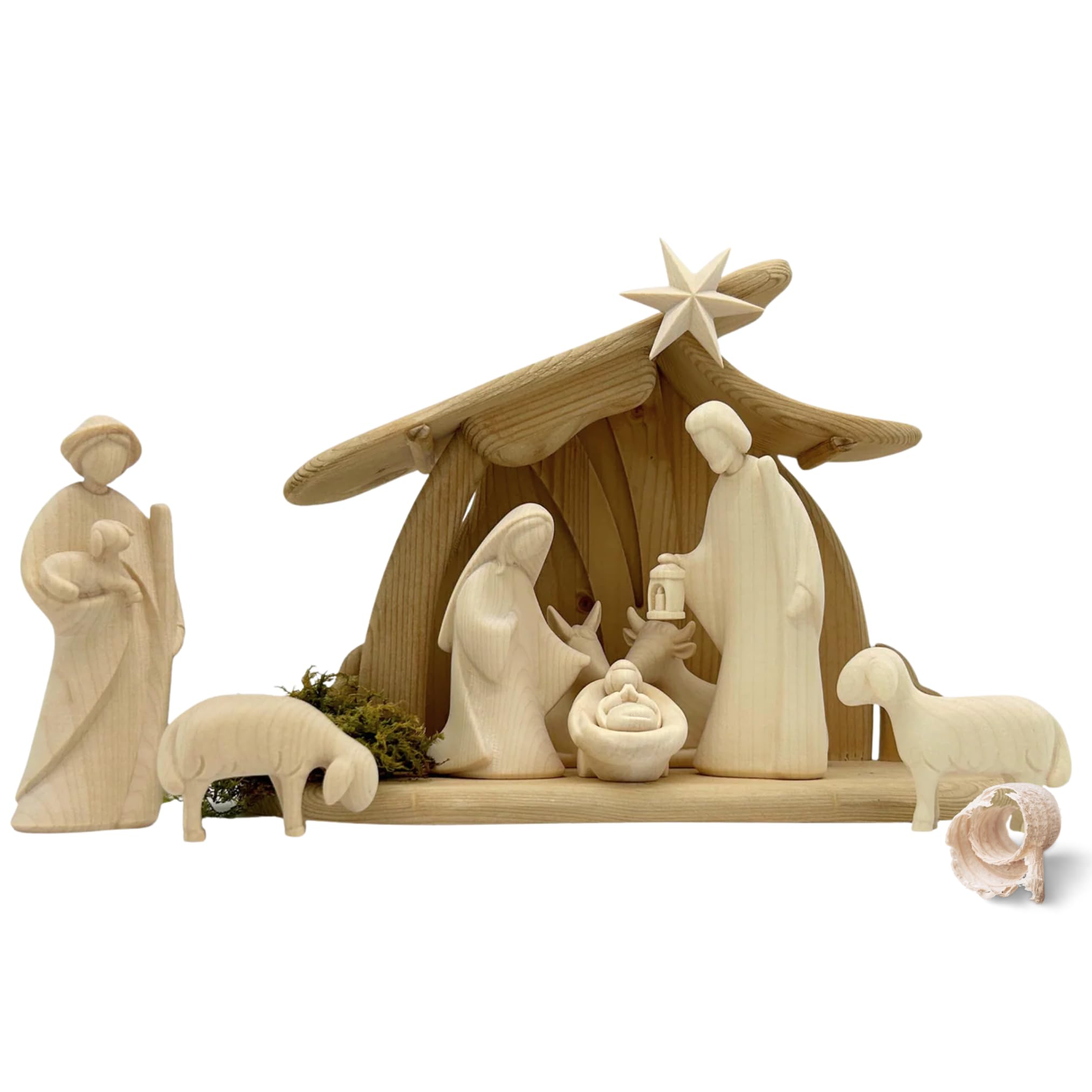 Akantus Leonardo Weihnachtskrippe aus Holz: 8er Set mit Stall HL.Nacht klein (8,5 cm, Natur)