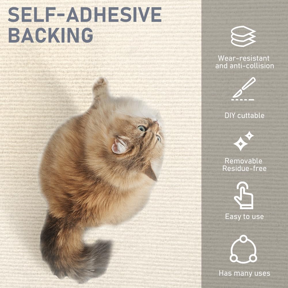 Adiwo Tappeto Tiragraffi Gatti, 30 * 100cm Tappetino Tiragraffi per Gatti Autoadesivo, Proteggi Divano Gatti Graff, per Parete e Angolo, Protegge Tappeti e Divani(Beige)