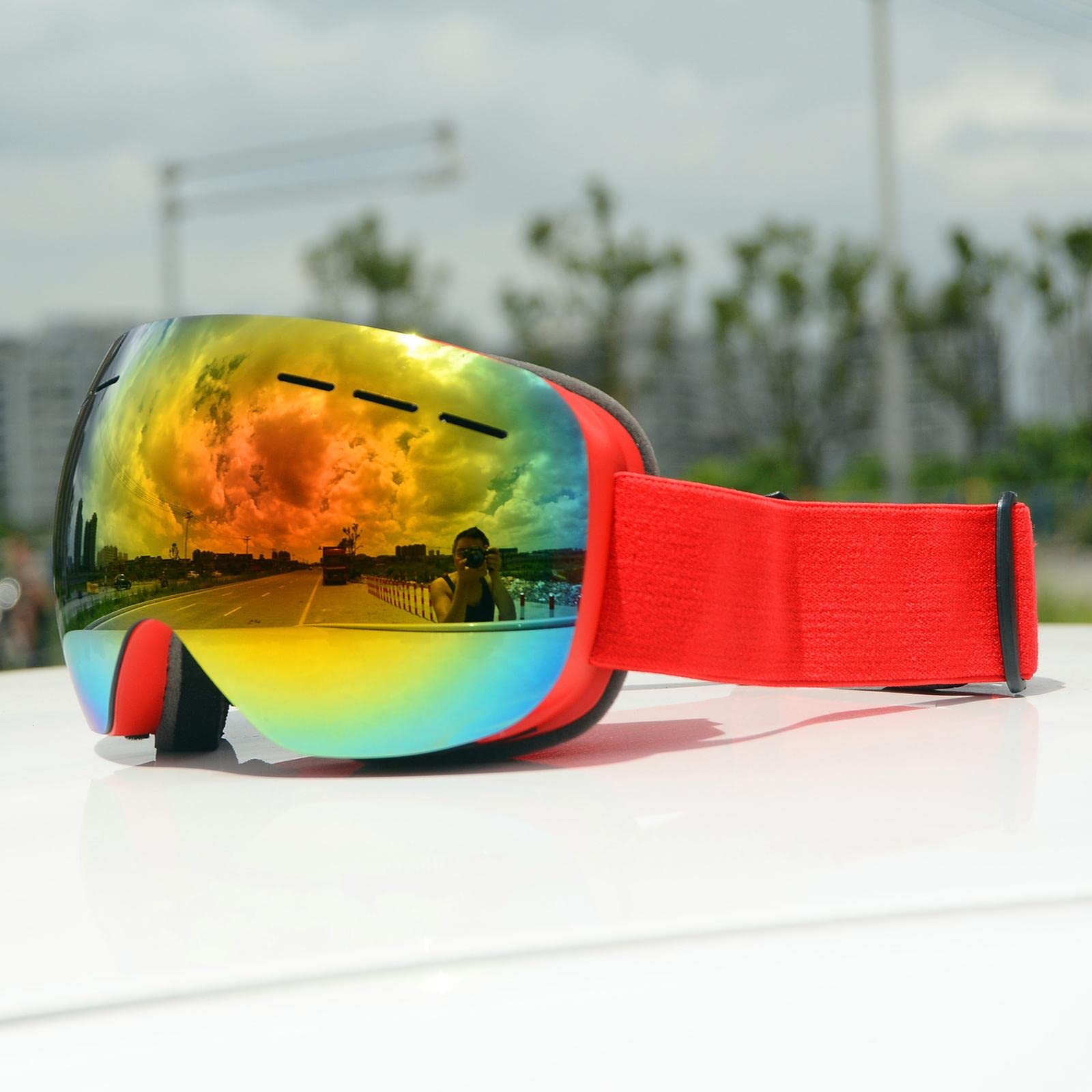 Gafas de Esquí con Lentes Protectoras Desmontables, Protección, Resistentes Al Viento Y Al Polvo, Ideales para Patinaje, Motos de Nieve Y Motocross, Lentes Rojas, Marco Rojo
