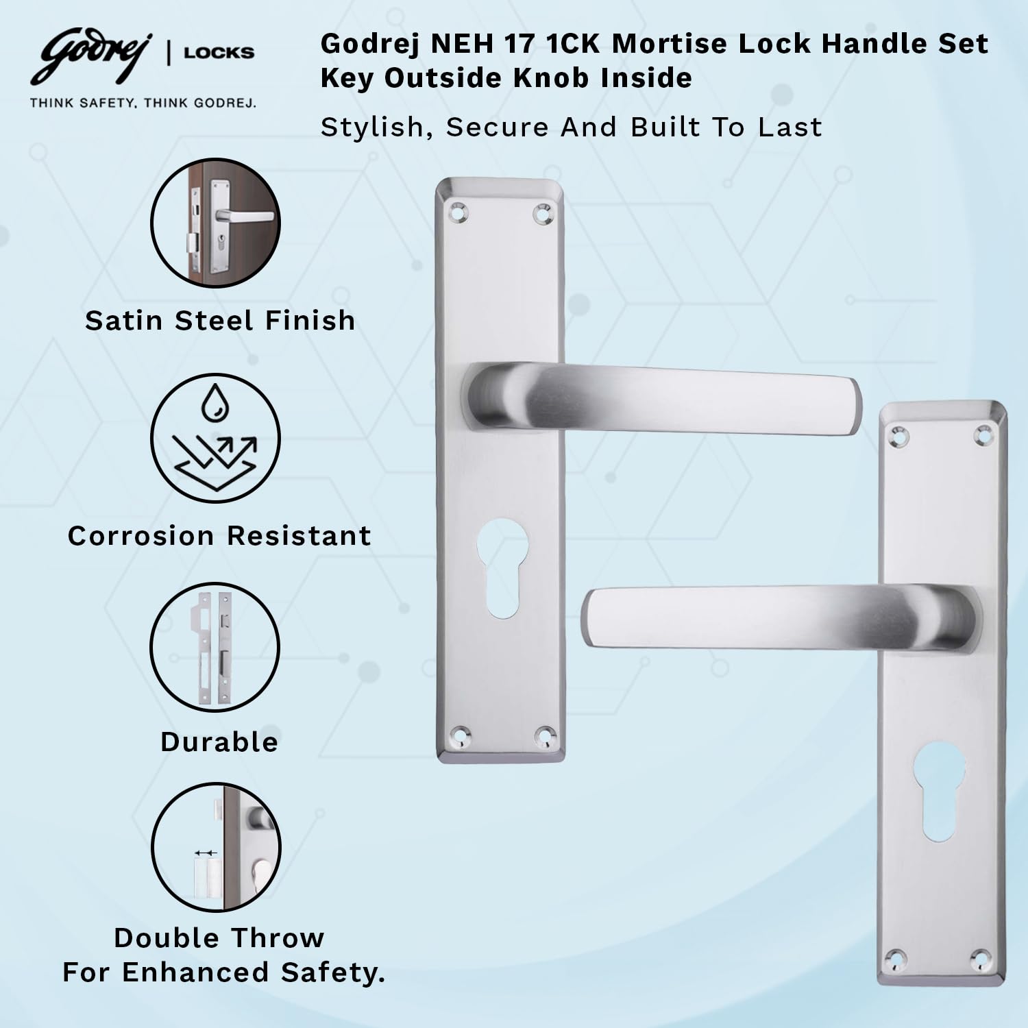 Godrej Mortise Door Lock Handle Set | 200mm NEH-17 1CK Europrofile | 5 Pin Brass Tumbler Mechanism 60mm | Suitable for Left & Right Handed Doors | Satin Steel Finish | 1 Year Warranty 1