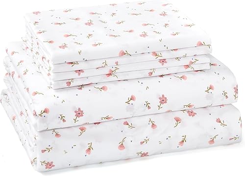 BYSURE Juego de sábanas con estampado de flores rosas de 6 piezas King 4 fundas de almohada y 1 sábana bajera y 1 sábana encimera sábanas de flores