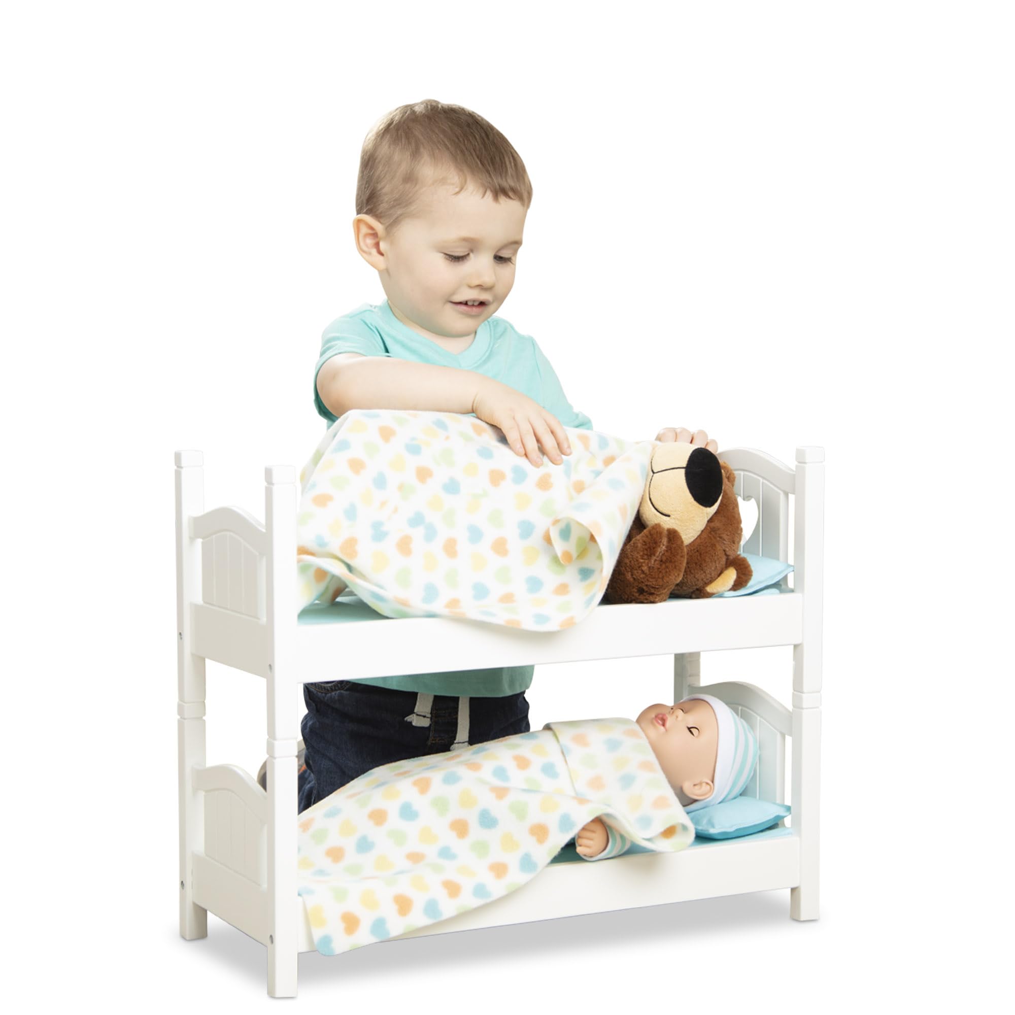 Melissa & Doug Mine to Love Wooden Play Bunk Bed for Dolls up to 18 inches-Stuffed Animals - White (2 Beds, 17.4”H x 9.1”W x 20.7”L Assembled and Stacked)