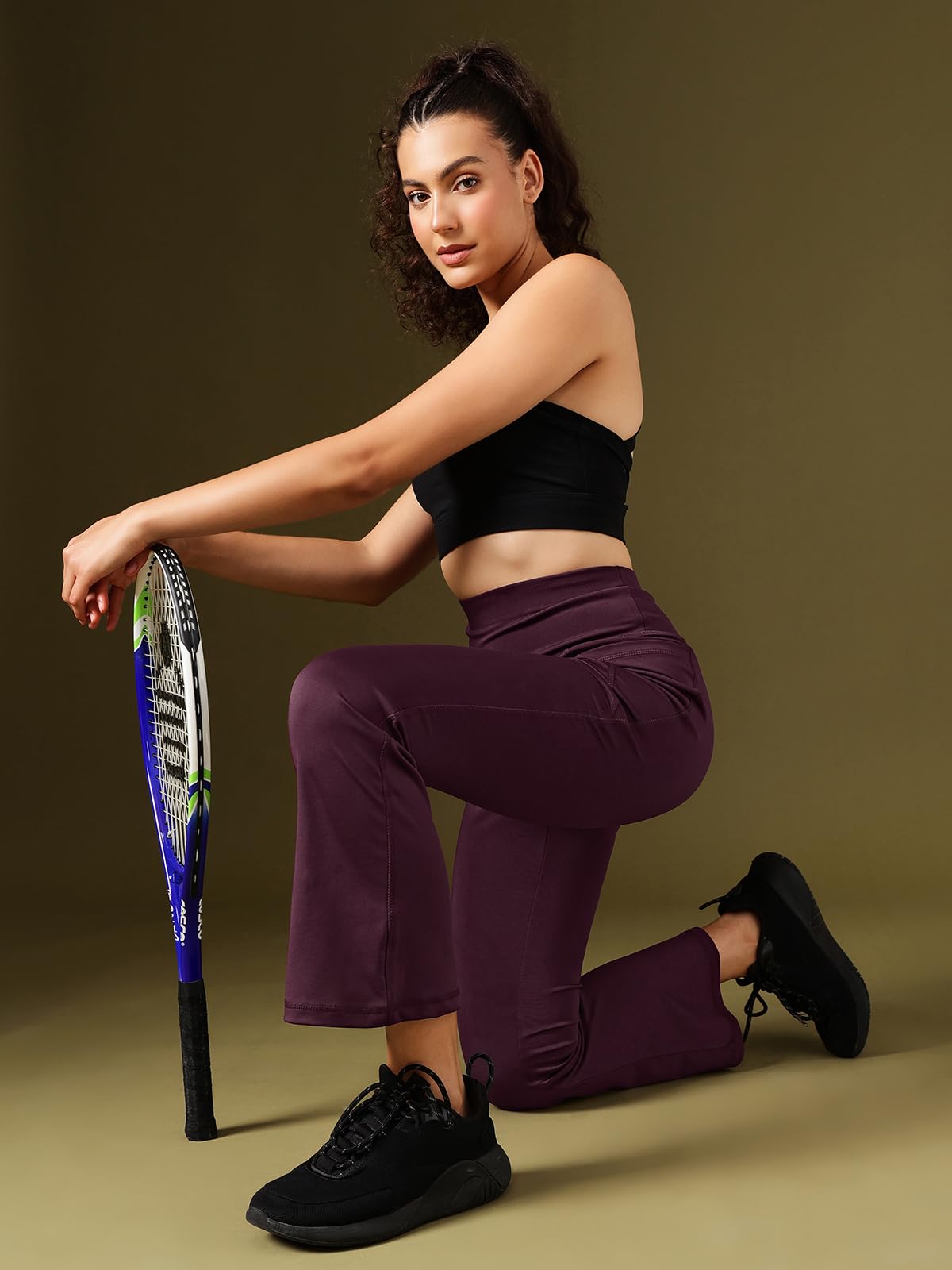 Clovia Women's Comfort-Fit High Waist Flared Yoga Pants (AB0090A15_Purple_XXL)