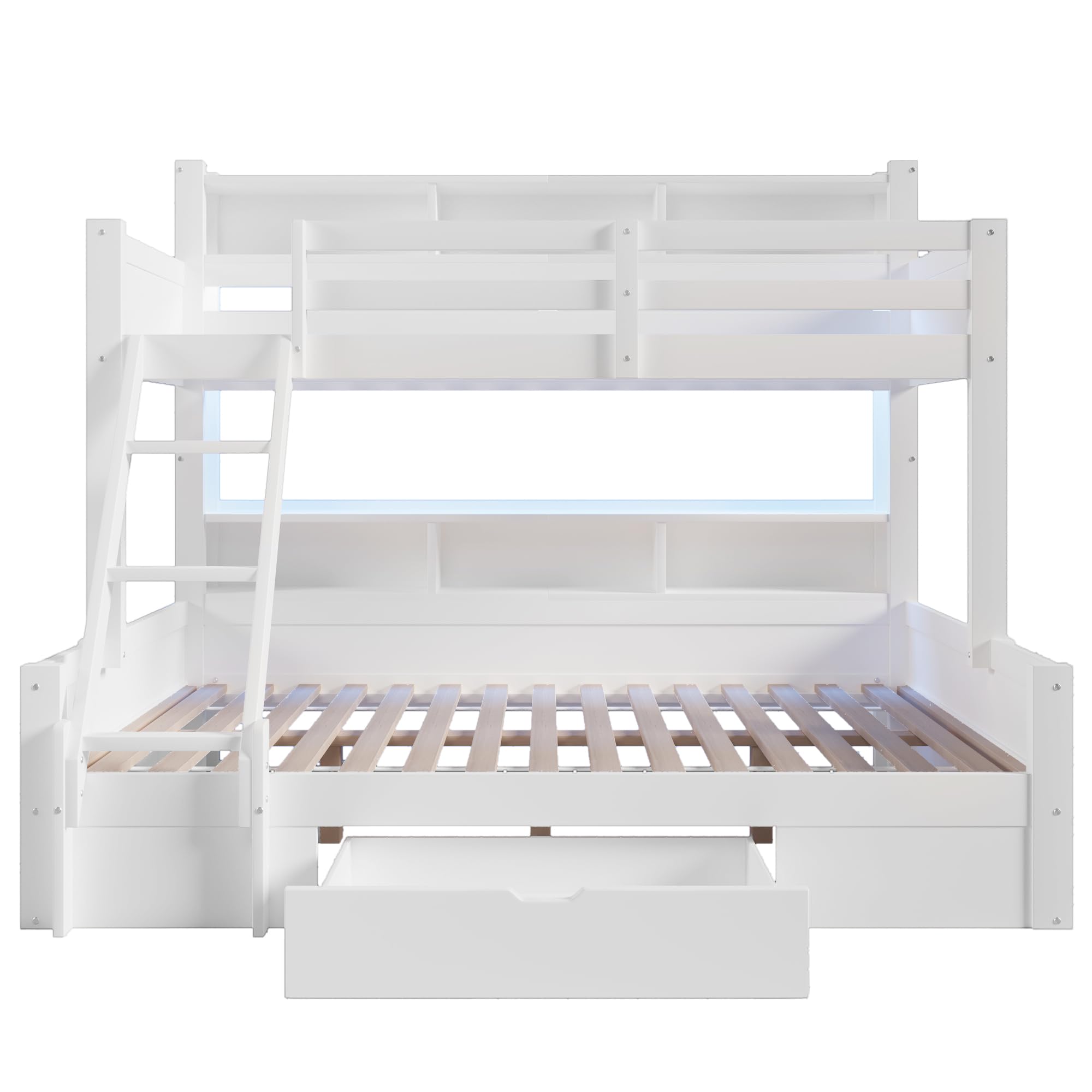 Idemon Letto a soppalco con 2 dimensioni del materasso e cassetto, 90 x 200 cm + 140 x 200 cm, scala, rete per l'illuminazione dell'ambiente, legno di pino e MDF (bianco)
