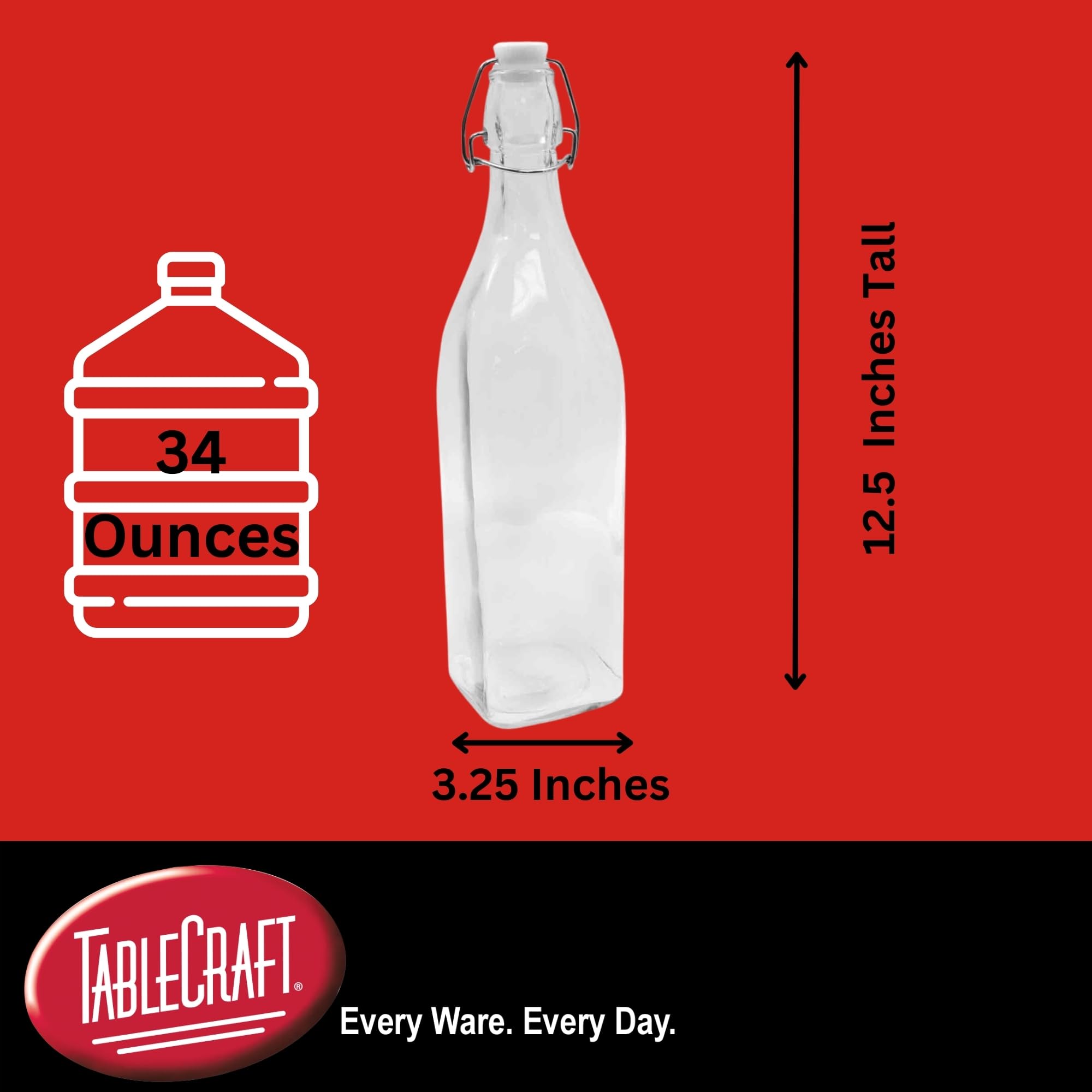 Tablecraft Clear Glass Stopper Bottles, Resealable Airtight Swing Cap Tops, Suited for Water, Beer, Wine, Kombucha Brewing, Lemonade, Restaurant and Foodservice Beverage Service, 34 Ounces, Set of 12