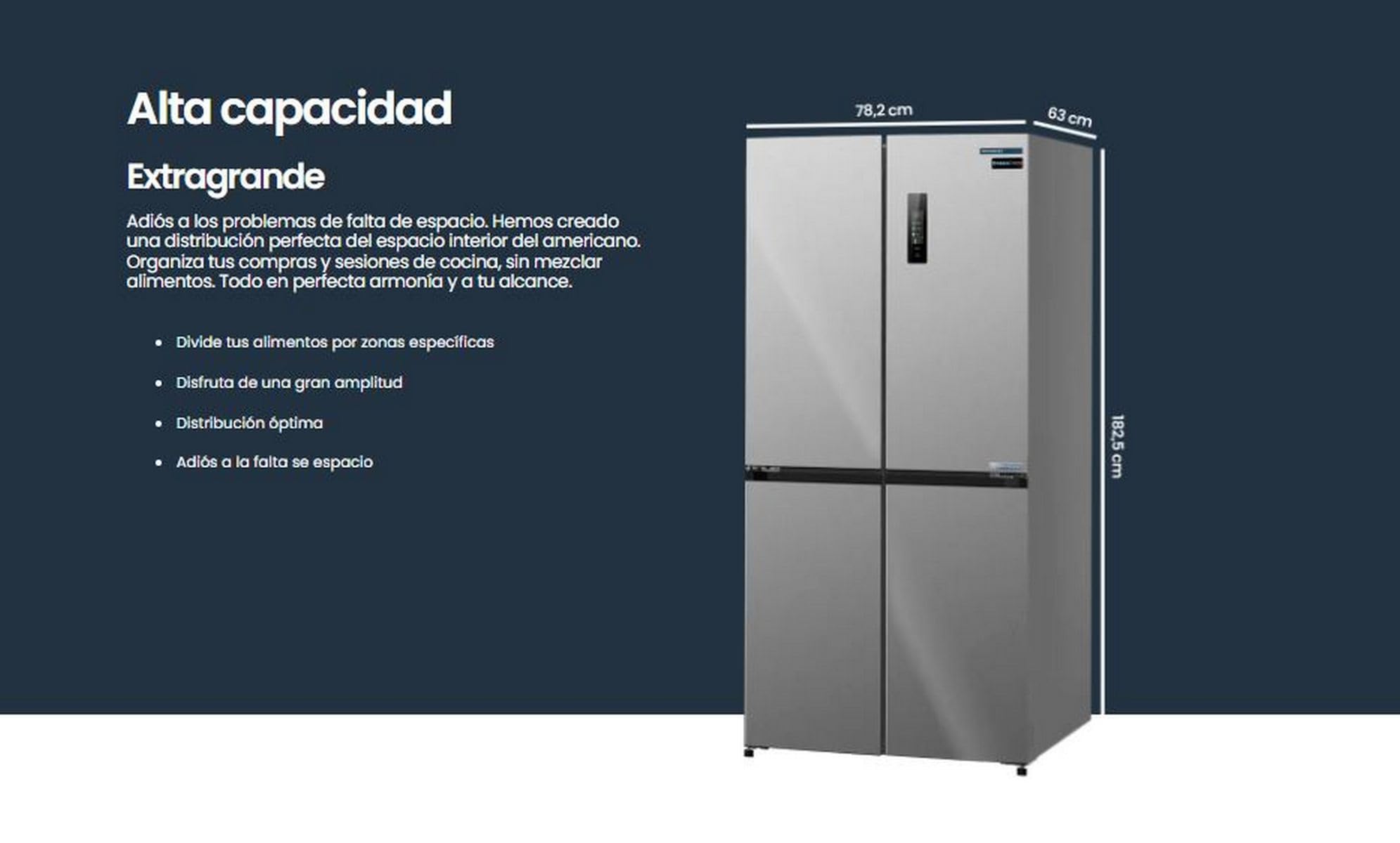 INFINITON Frigorifico Americano AMCB-415CD82XET, 415 Litros, 182 cm de Altura, Inverter Technology, No Frost Total, Fast Cooling, Fast Freezing, Tecnología Care + space, E, Inox