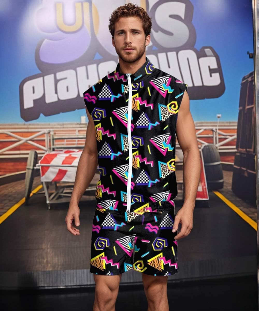 UOUA Men 80s Outfit 90s Costume 2 Piece Shorts Set Themed Party Clothes - Image 3