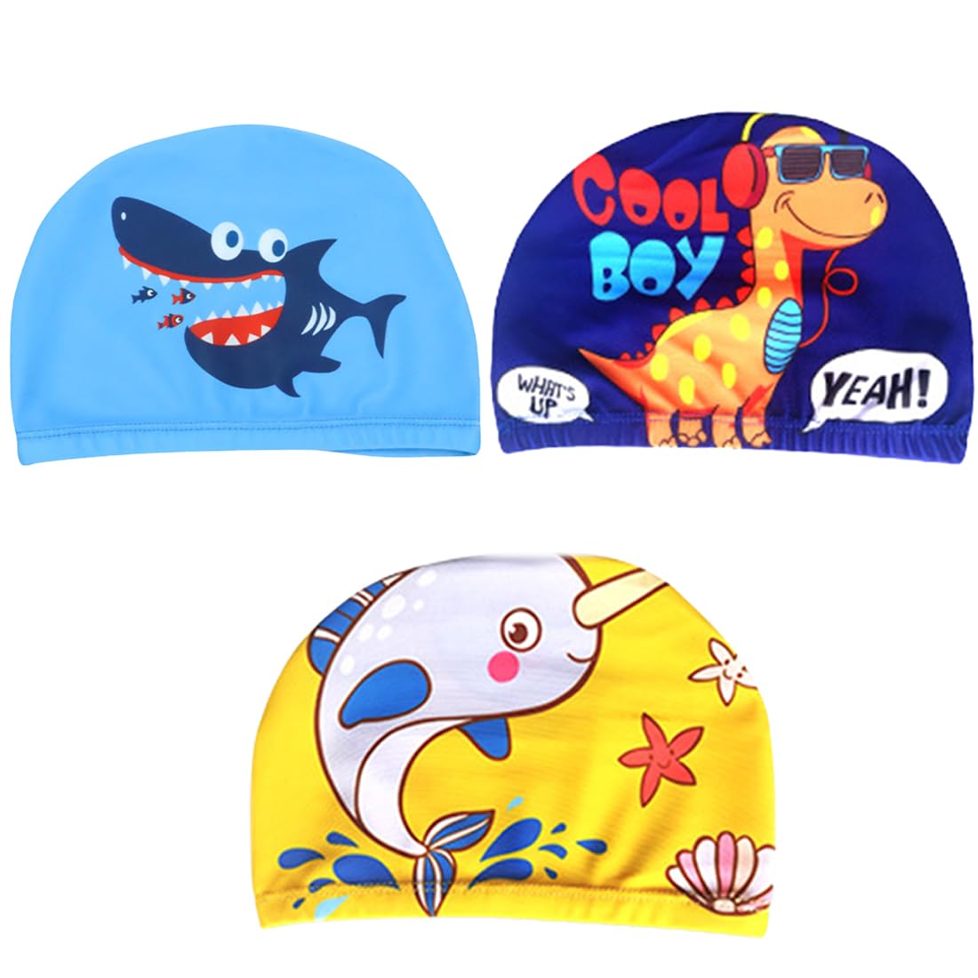 SJBAUTYO Juego de 3 Gorro de Baño,Gorros de Natación de Niños Lindos Gorro de Natación de Dibujos Animados Gorro de Baño de Poliéster Elástico para Niños Niñas de 1 a 8 Años