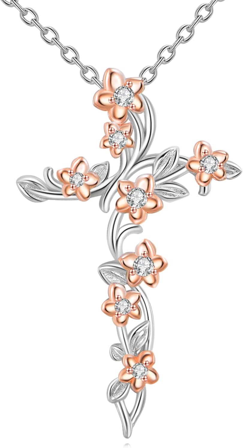 POPLYKE 925 Sterling Silver Cross Necklace for Women Flower Cross Pendant Neckalce Religious Jewelry Gift for Women