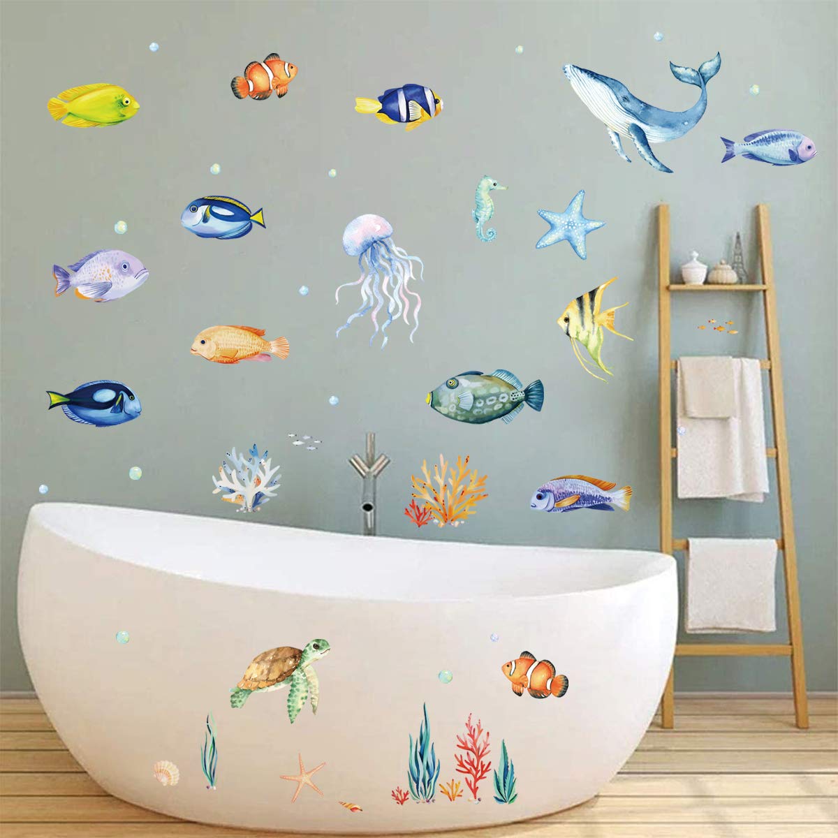 DecalMile Stickers Muraux Sous La Mer - Dauphins, Poissons, Algues & Vagues Pour Chambre Enfants Et Salle De Bain