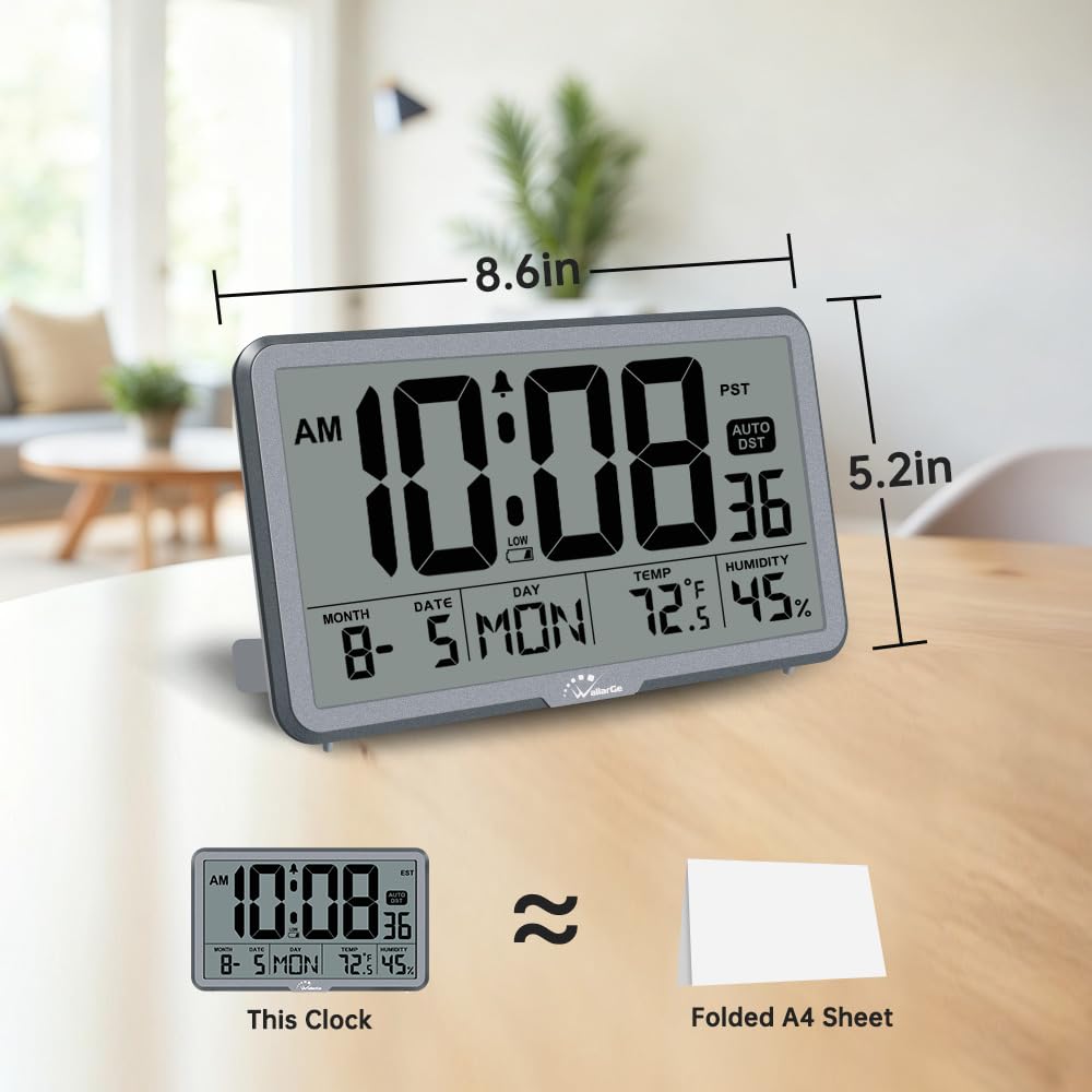 WallarGe Orologio da parete digitale a batteria, orologio da scrivania con temperatura, umidità e data, grande display digitale calendario sveglia per anziani, camera da letto, ufficio, 8 fusi orari