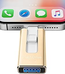 Pendrive para lPhone 32GB con Certificación MFi, Memoria USB 3.0 3 en 1,Amarillo Dorado