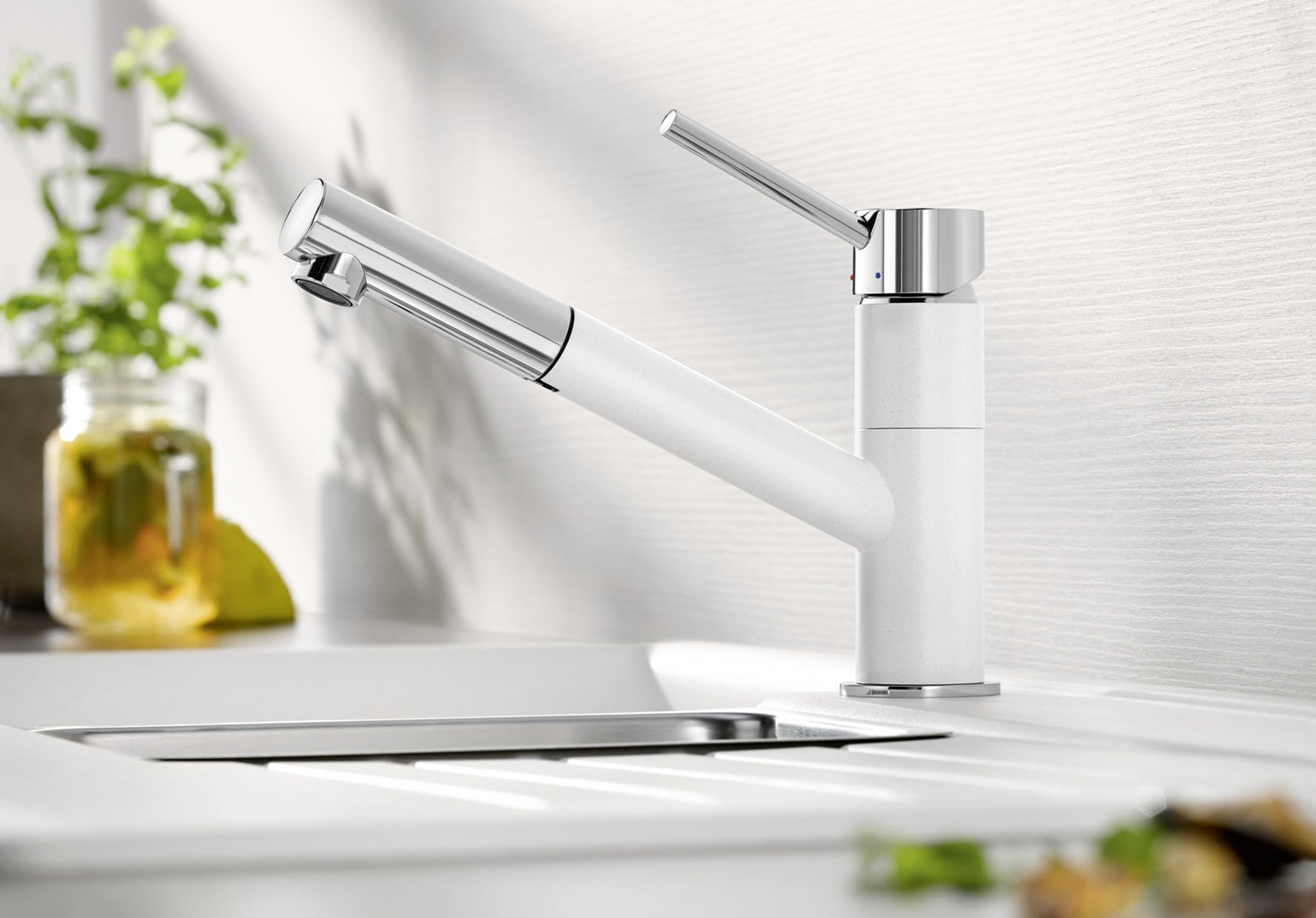 BLANCO KANO-S Vario - Grifo De Cocina Con Ducha Extraíble | Blanco Suave Y Cromo | Caño Giratorio 120°, Válvula Antirretorno