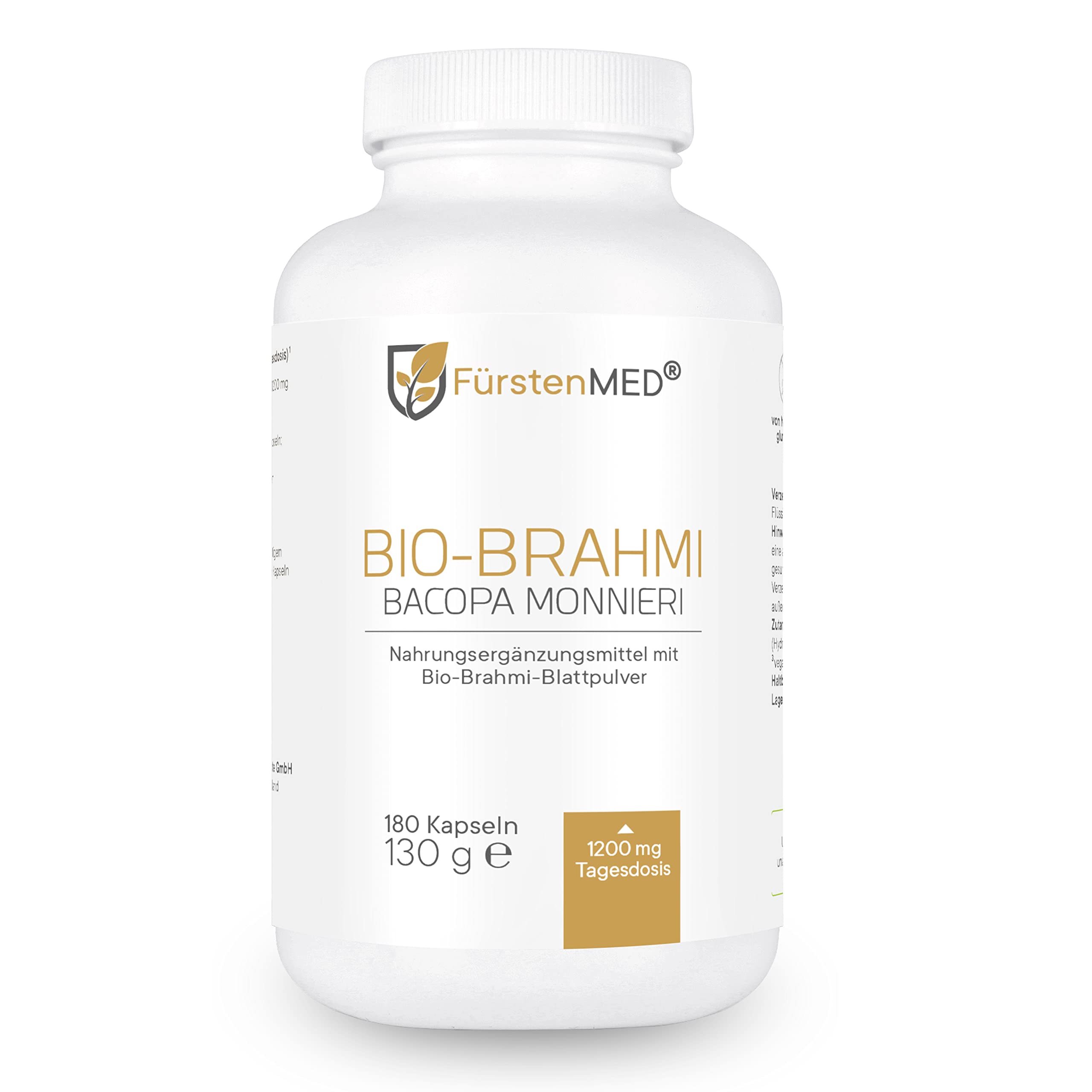 FürstenMED® Brahmi Kapseln Hochdosiert mit 1200 mg je Tagesdosis - 180 Kapseln Bacopa Monnieri Laborgeprüft, Vegan & Ohne Zusatzstoffe