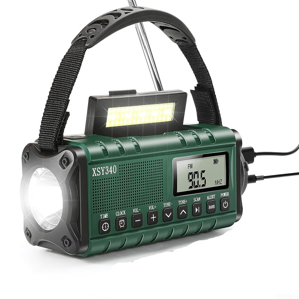 Radio Meteorológica Portátil FM/AM Con Energía Solar Y De Manivela, Batería Externa De 10000 MAh, Linterna LED, Lámpara De Lectura Y Carga USB-C Para Emergencias Al Aire Libre(Army Green)