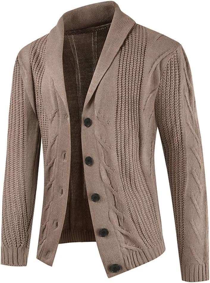 Men's Winter Thick Warm Sweater Long Sleeve Shawl Collar Single Breasted Cable Knitted Coat