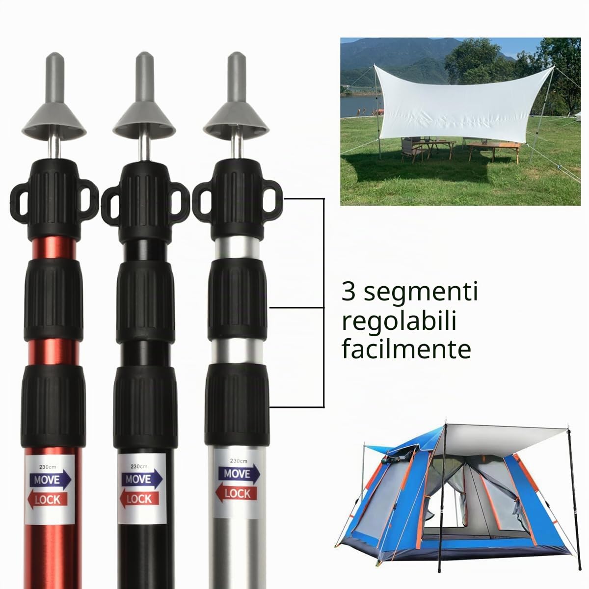 Tiandirenhe Asta telescopica per tende, aste per tende da sole, aste telescopiche, in alluminio, 95 – 234 cm, palo da campeggio