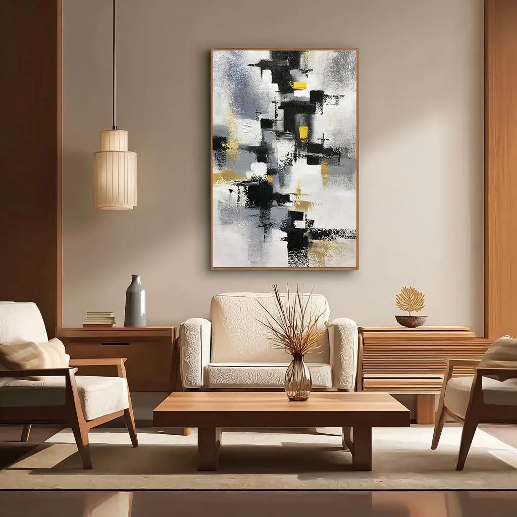 Uudezo With Frame Black White Grey Yellow Gold Canvas Abstract Painting Textured Wall Art Modern Canvas Prints Wall Decor(70X110cm(28X43in)
