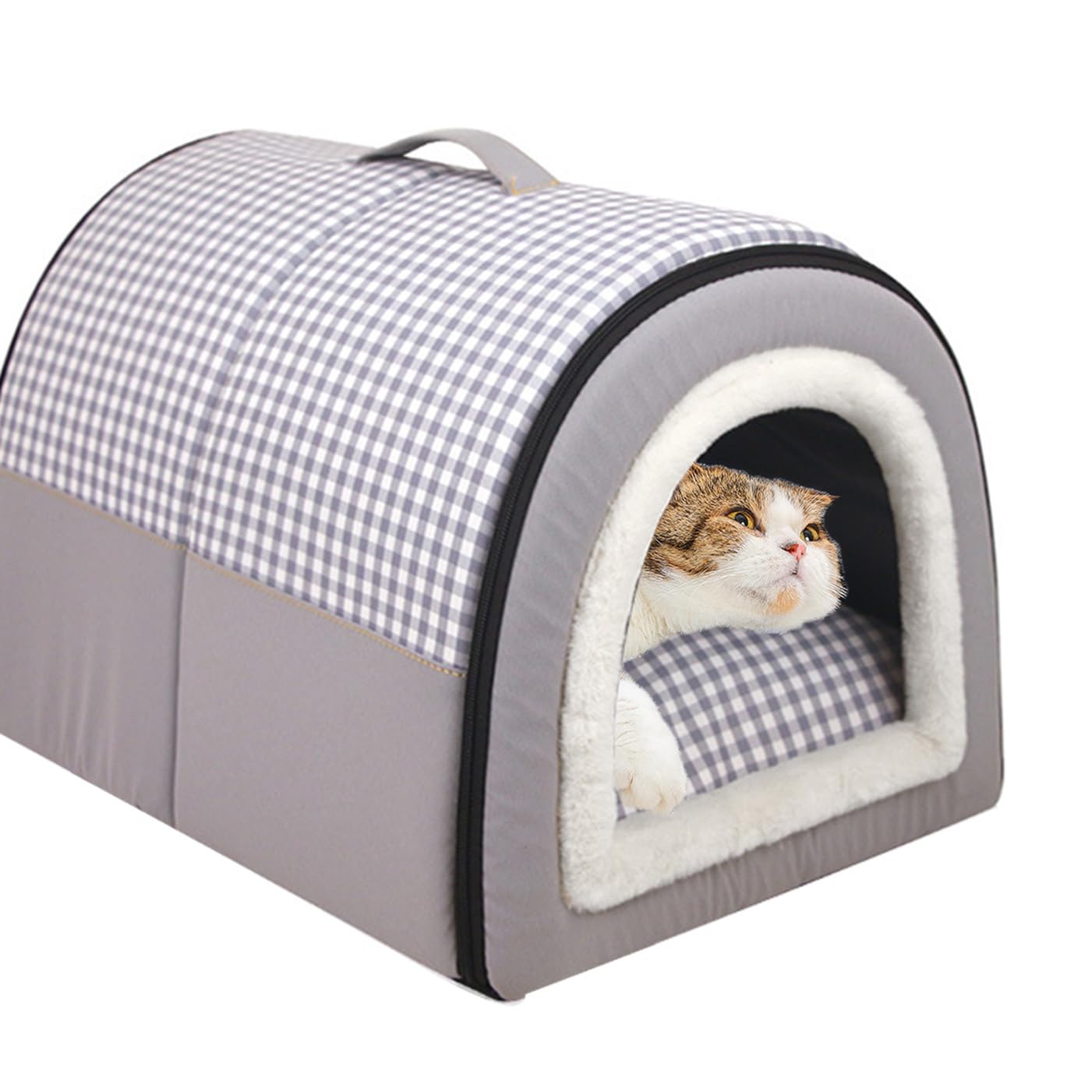 Large Dog House 2 in 1 Dog Bed Waterproof XL,Washable Pet Cat Calming Beds Anti Anxiety Soft Plaid Indoor Non-Slip Warm Pet Cave House Kennel for Medium Dogs Cats (Grey,XL-70x55x45CM)