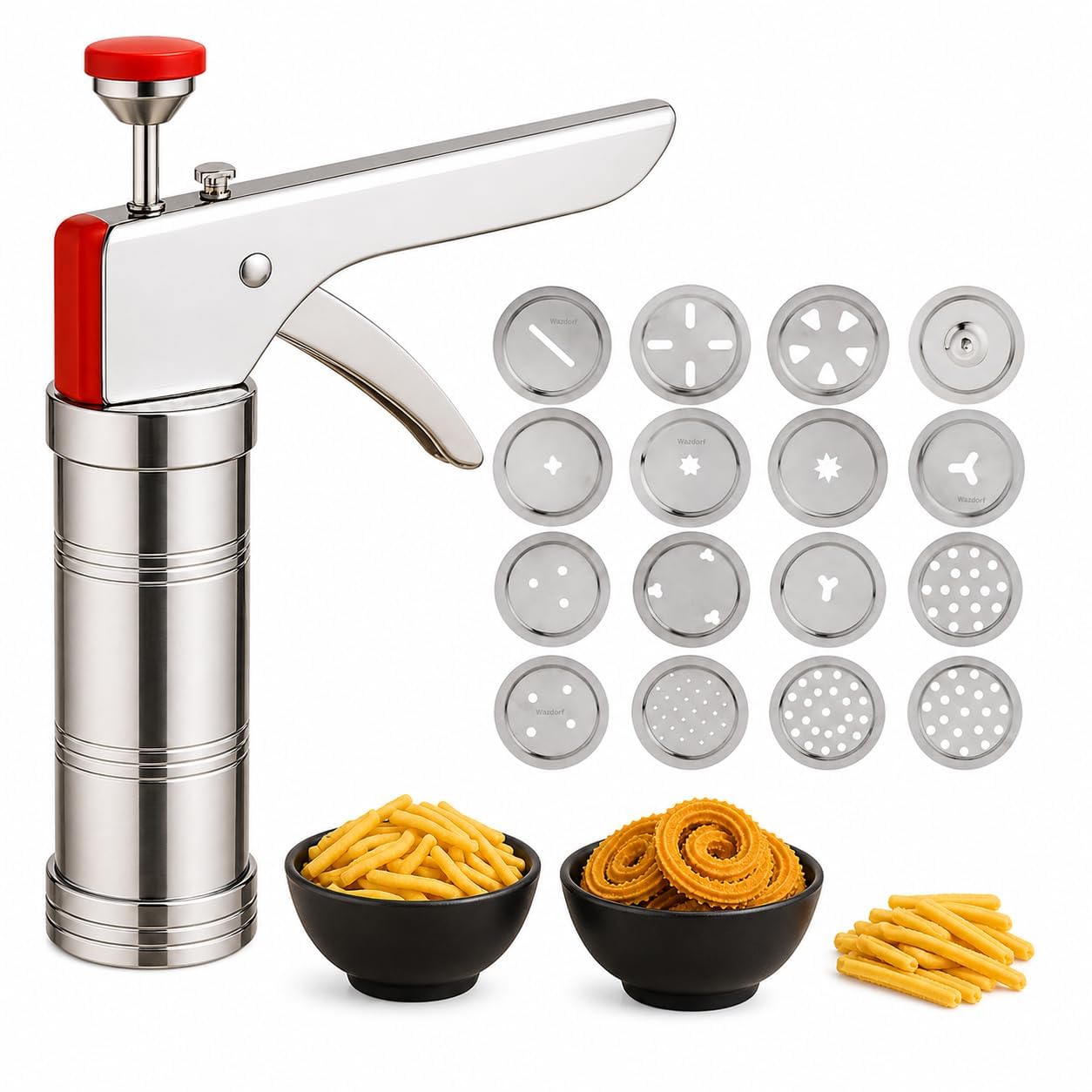 Stainless Steel Kitchen Press | Idiyappam Maker Machine with 15 Different Types of Jalies | Murukku Machine | Bhujiya Maker | Noodles | Namkeen | Chakali Maker | Sev Maker | Gathiya Maker-image-15