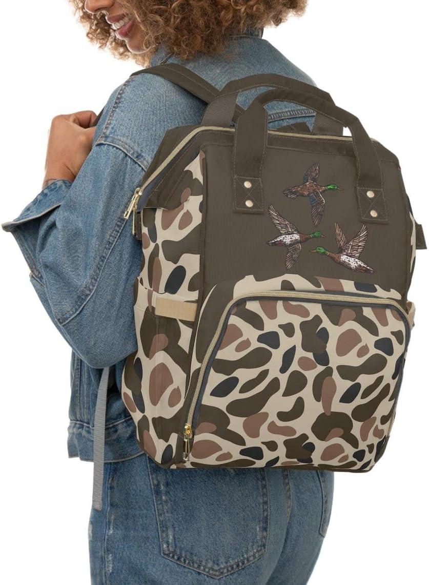 Camo Duck Diaper Bag Backpack – Versatile Travel Baby Bag with Waterfowl Hunting Aesthetic, Large Capacity Waterproof Mommy Backpack for Diapers, Bottles, and Everyday Use