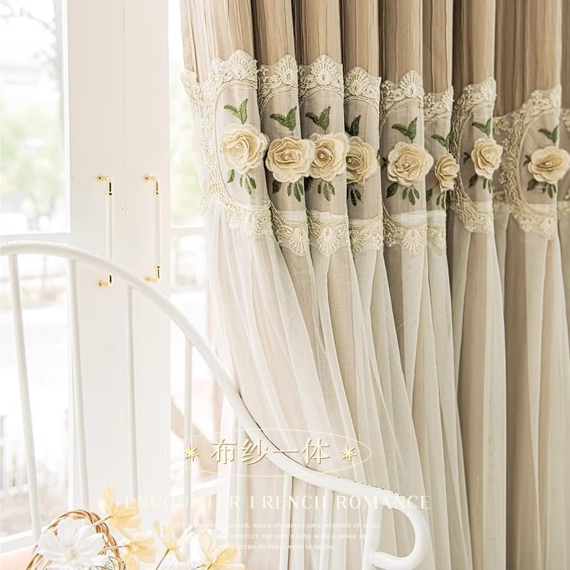 1PC Cloth and Yarn Integration Curtains,Home Curtains Blackout,Suitable for bedrooms and Living Rooms,Grommet Top,3D Relief Embroidered Flower (Milk Tea Color,63x84 Inch)