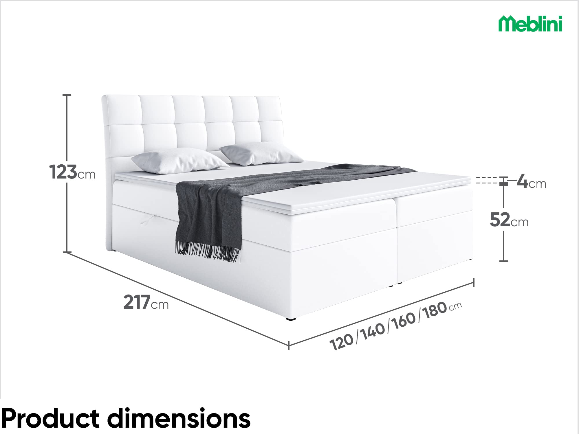 MEBLINI Boxspringbett mit Bettkasten - Gepolstert Doppelbett mit Matratze und Topper - Polsterbett mit Stauraum - Bett mit Kopfteil - Stauraumbett - Drago - 180x200 - H3/Weiß Kunstleder