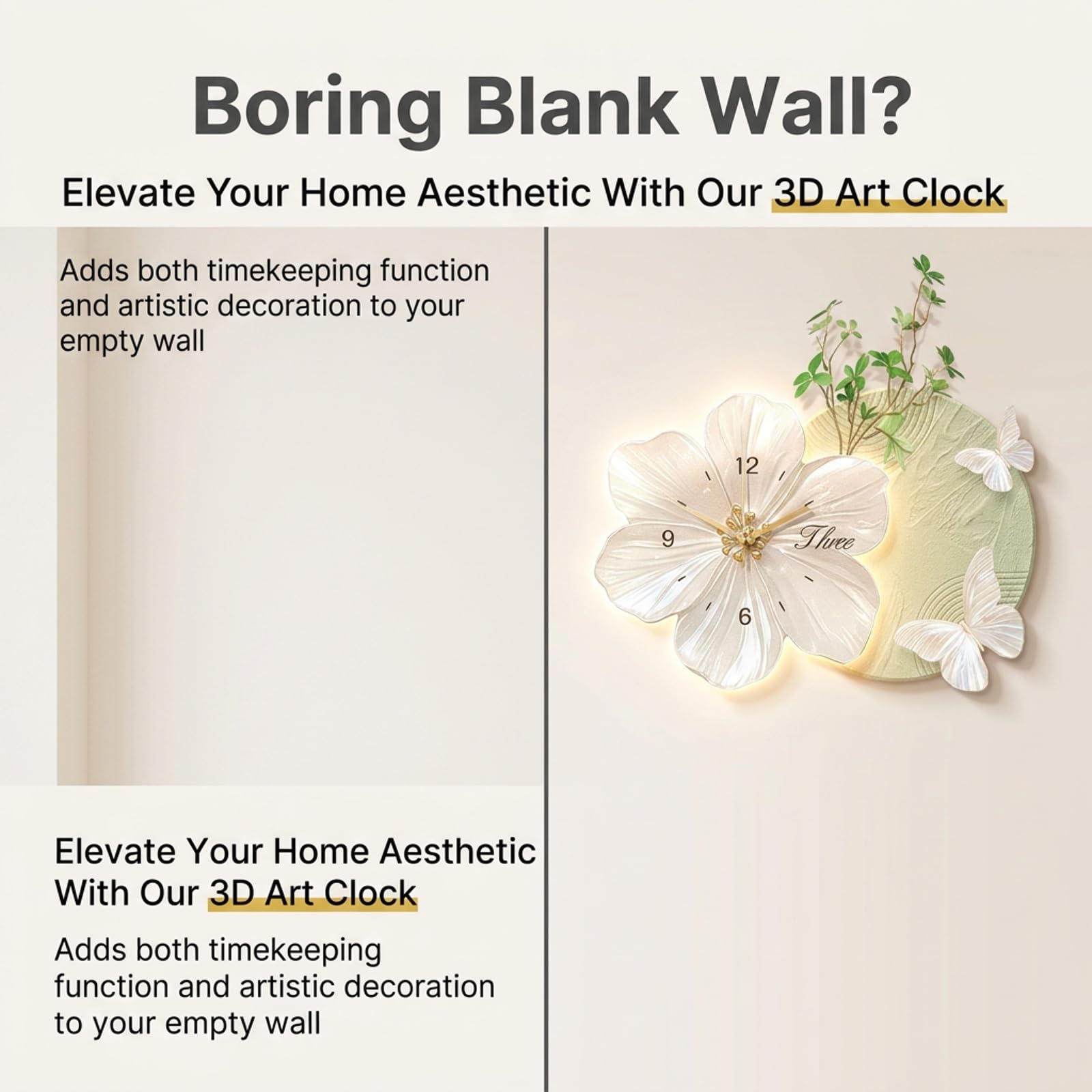 Orologio da Parete Moderno 3D con Luci LED, Wall Art Decorativo Silenzioso | Design artistico 3D con luci LED regolabili, movimento silenzioso, porcellana cristallina(D,23.6IN*15.7IN_SMART MODEL)