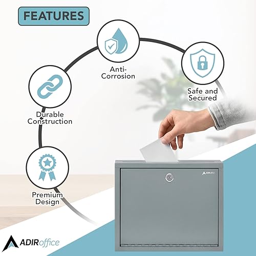 Miniatura 5 de Adir - Caja de sugerencias de metal con cerradura y ranura, caja de depósito de montaje en pared para pagos y cheques, buzón de oficina para
