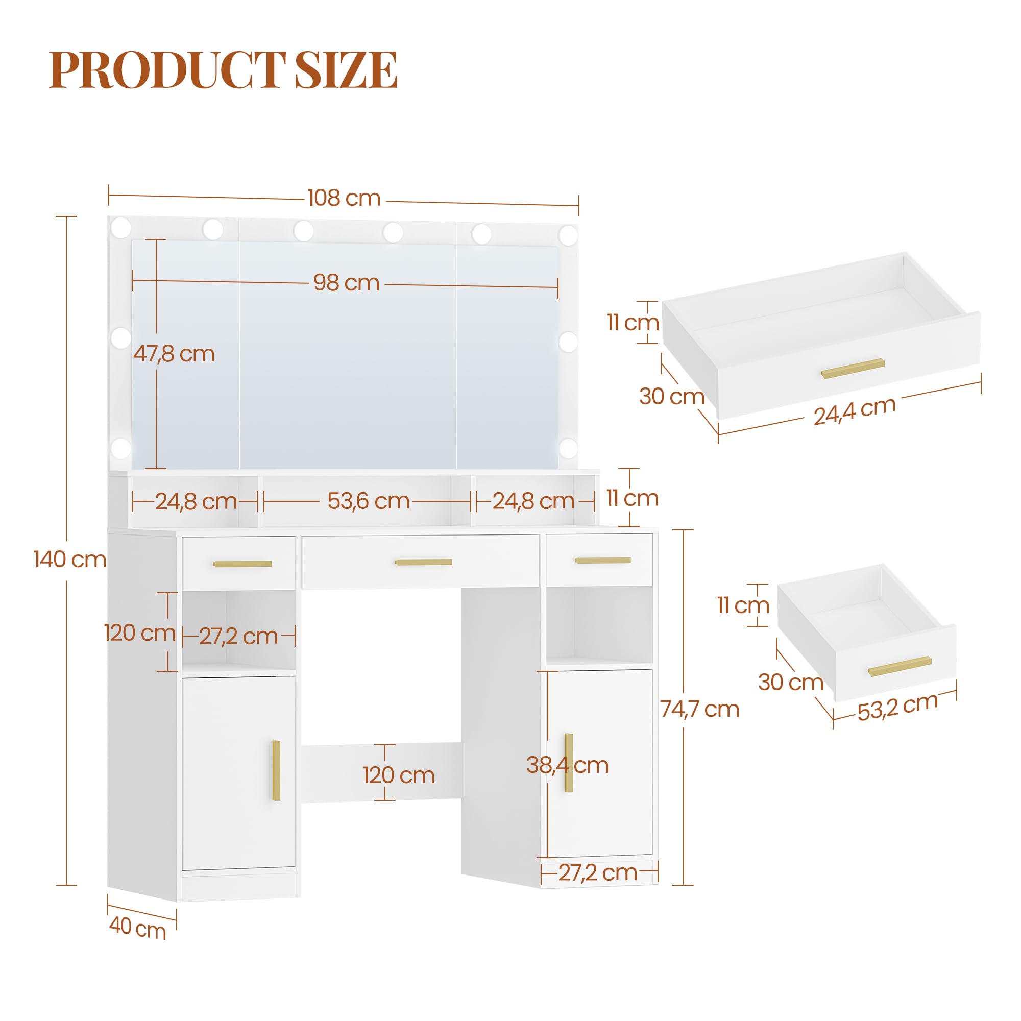 HEXCELEN 108cm Tocador de Maquillaje con Espejo Grande, Blanco