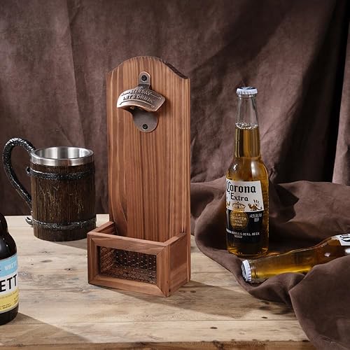 Miniatura 2 de Abrebotellas con tapa colectora, abrebotellas de madera vintage montado en la pared, regalo ideal para hombres y amantes de la cerveza, uso como