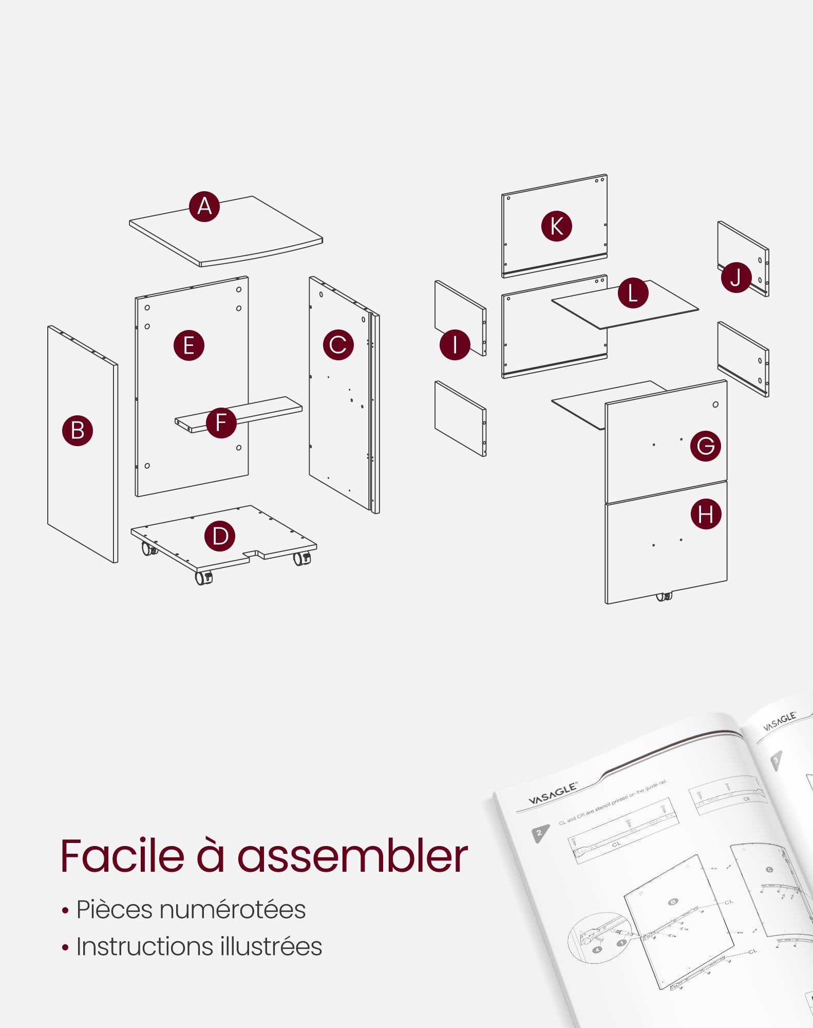 VASAGLE CUSTOS Collection - Caisson Mobile, Classeur, 2 Tiroirs, Support d’Imprimante, Meuble de Bureau, Verrouillable, pour Documents au Format A4, Dossier Suspendu, Blanc LCD027WE02