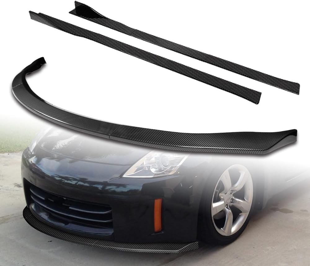 9pcs Combo Front Bumper Body Kit Lip + Side Skirt Extensions Diffuser Compatible with 2006-2009 Nissan 350Z 2007 2008 (Painted Carbon)