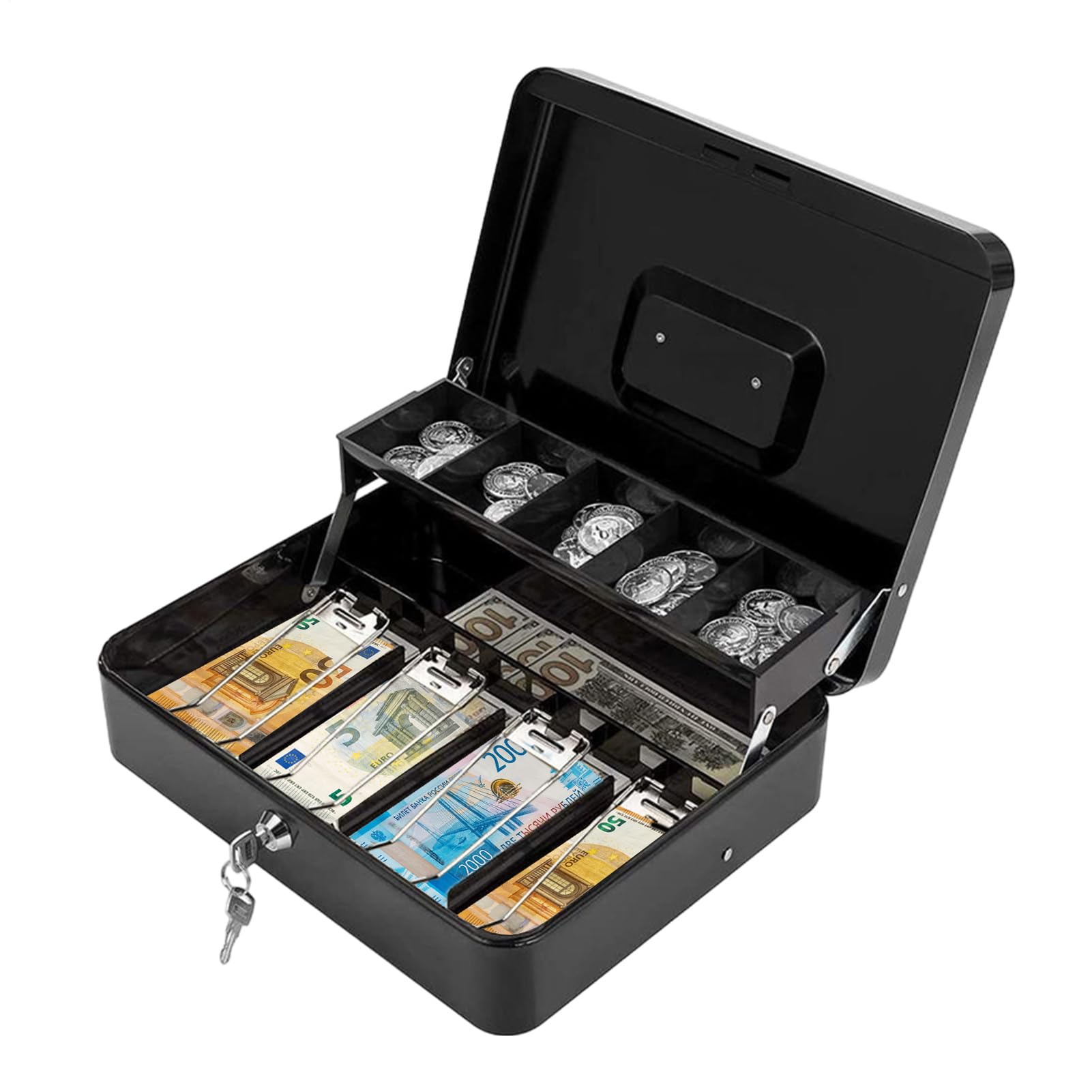 Cajón de efectivo, con cerradura, 4 compartimentos para billetes/5 | compartimentos para monedas, carcasa de metal, hucha con llaves, cajón pequeño para registradora, de efectivo con c