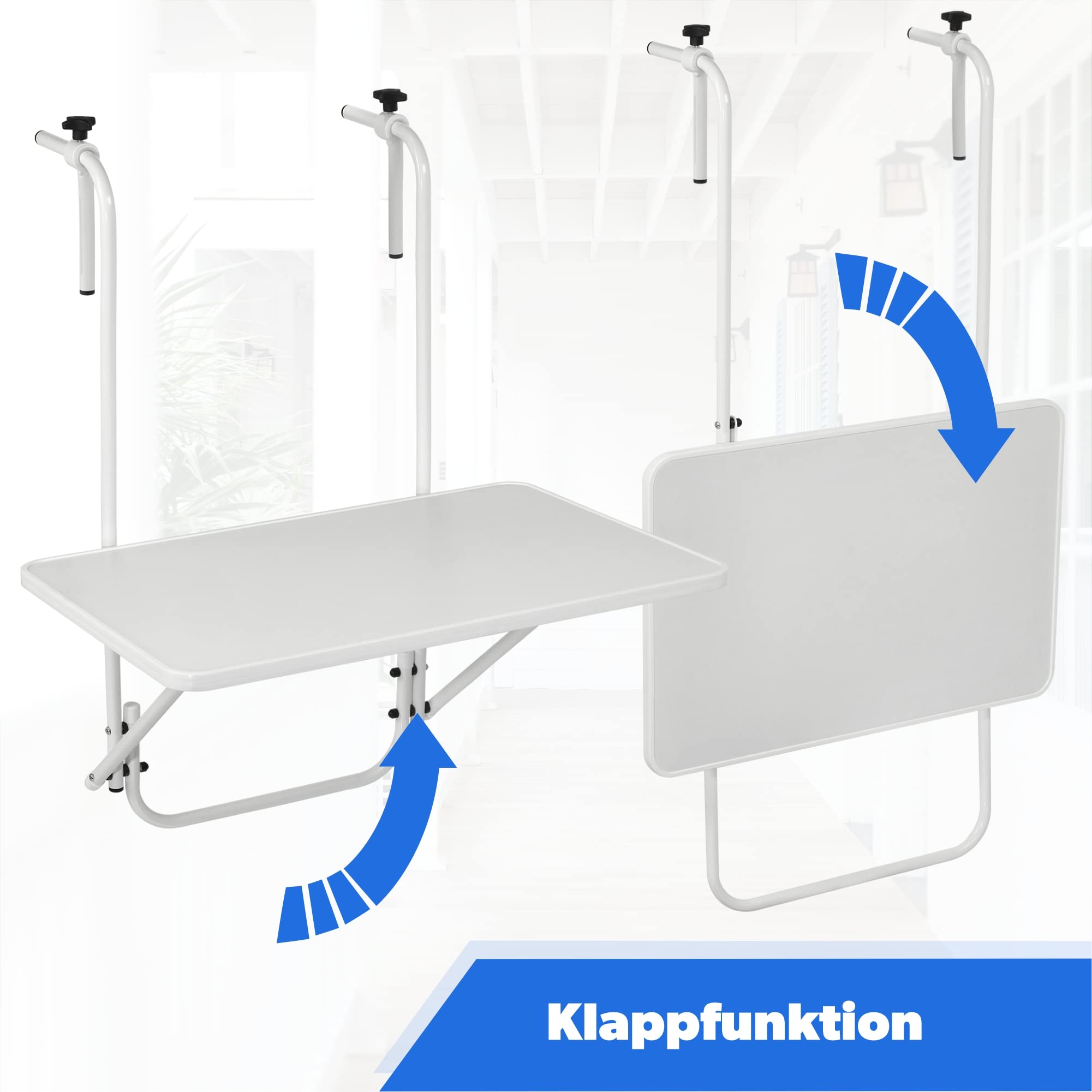 KADAX Hängetisch, Witterungsbeständiger Klapptisch für Balkon, Verstellbarer Balkonhängetisch, Balkontisch zum anhängen, klappbarer Tisch (40 x 60 cm, Weiß)
