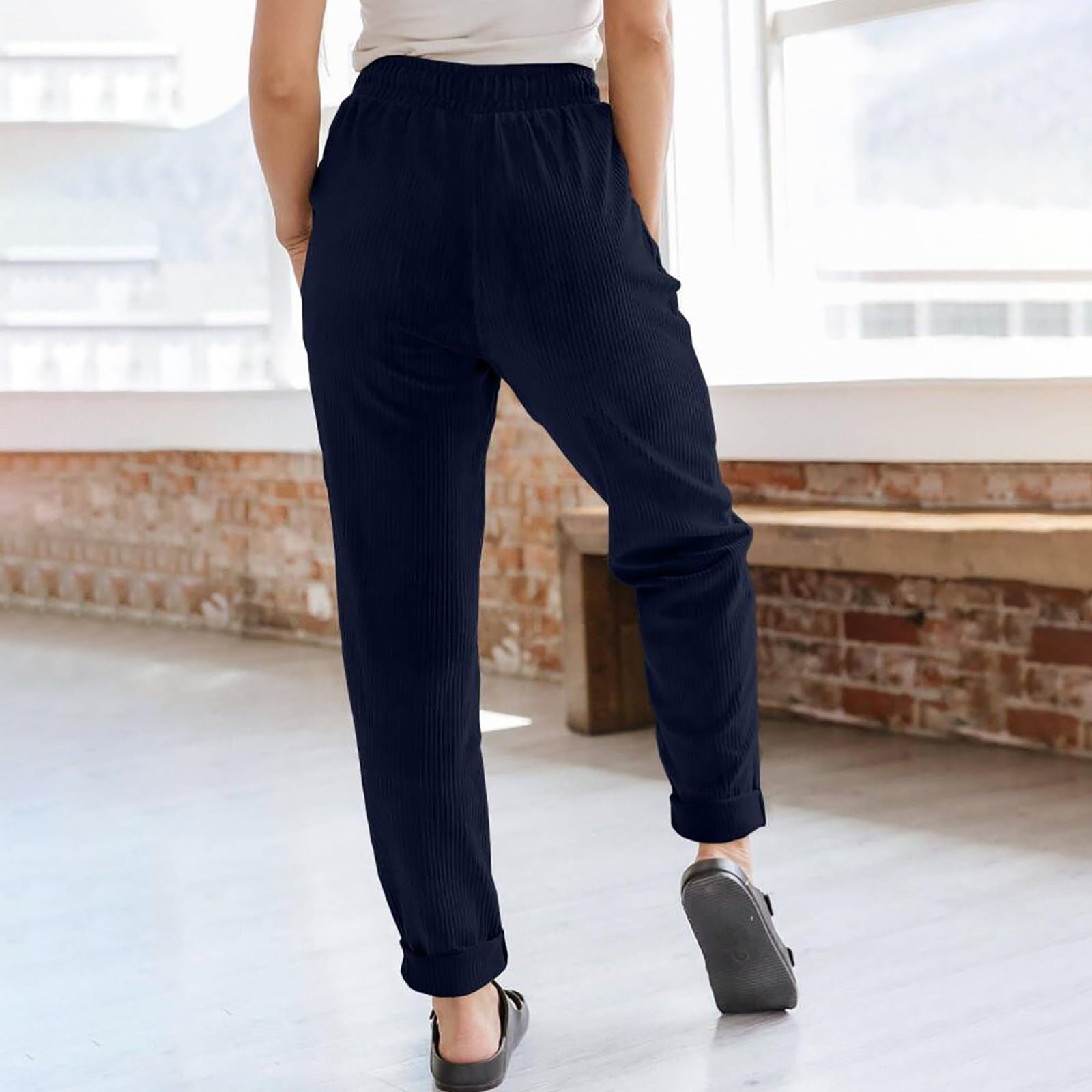 Pantaloni da donna a coste a vita alta, per il tempo libero, con elastico