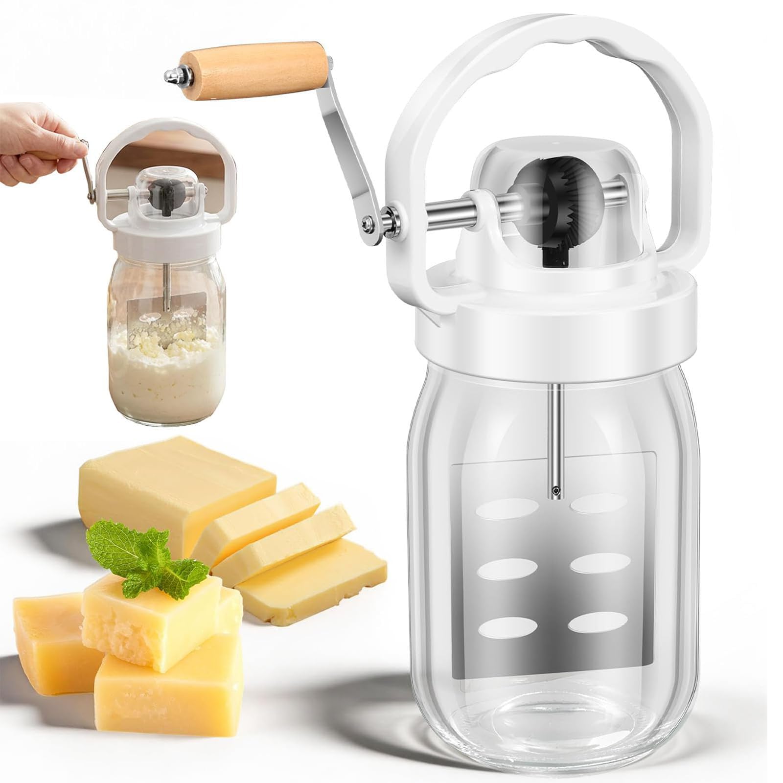 Manueller Butterkanner mit Glasgefäß und Holzgriff, 1,5 l Handkurbel Butterbereiter und verbessertes Getriebesystem für hausgemachte Butter und Backen